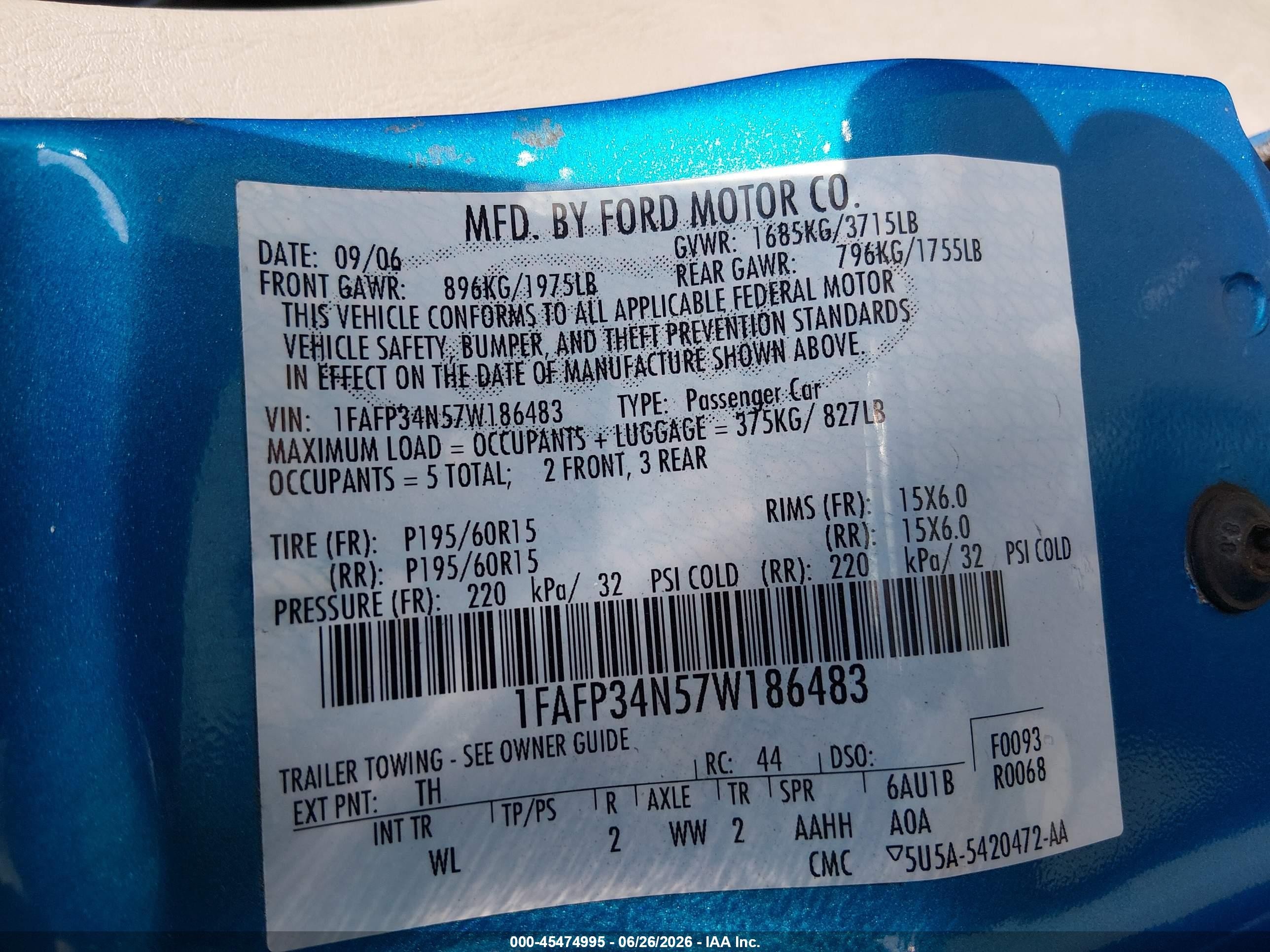 2007 Ford Focus S/se/ses Blue vin: 1FAFP34N57W186483