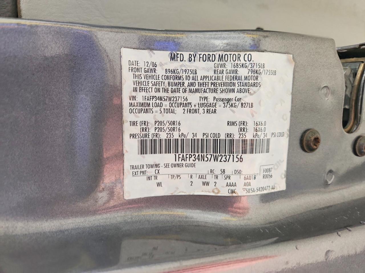 2007 Ford Focus Zx4 Gray vin: 1FAFP34N57W237156