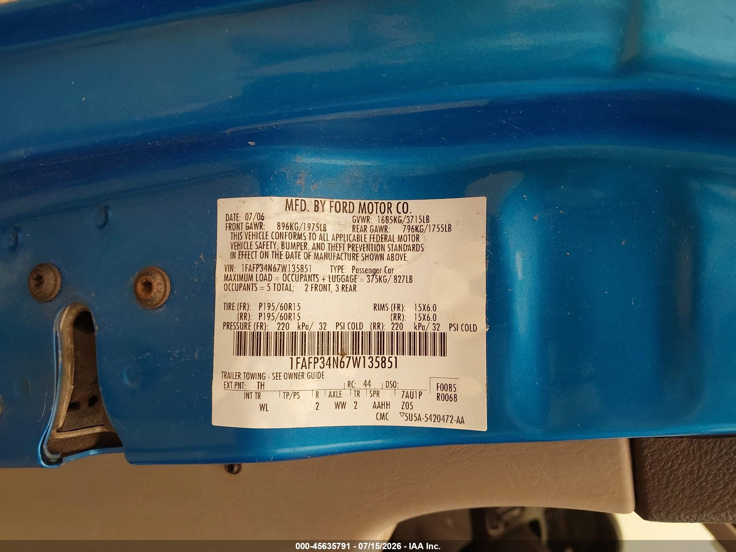 2007 Ford Focus S/se/ses Blue vin: 1FAFP34N67W135851