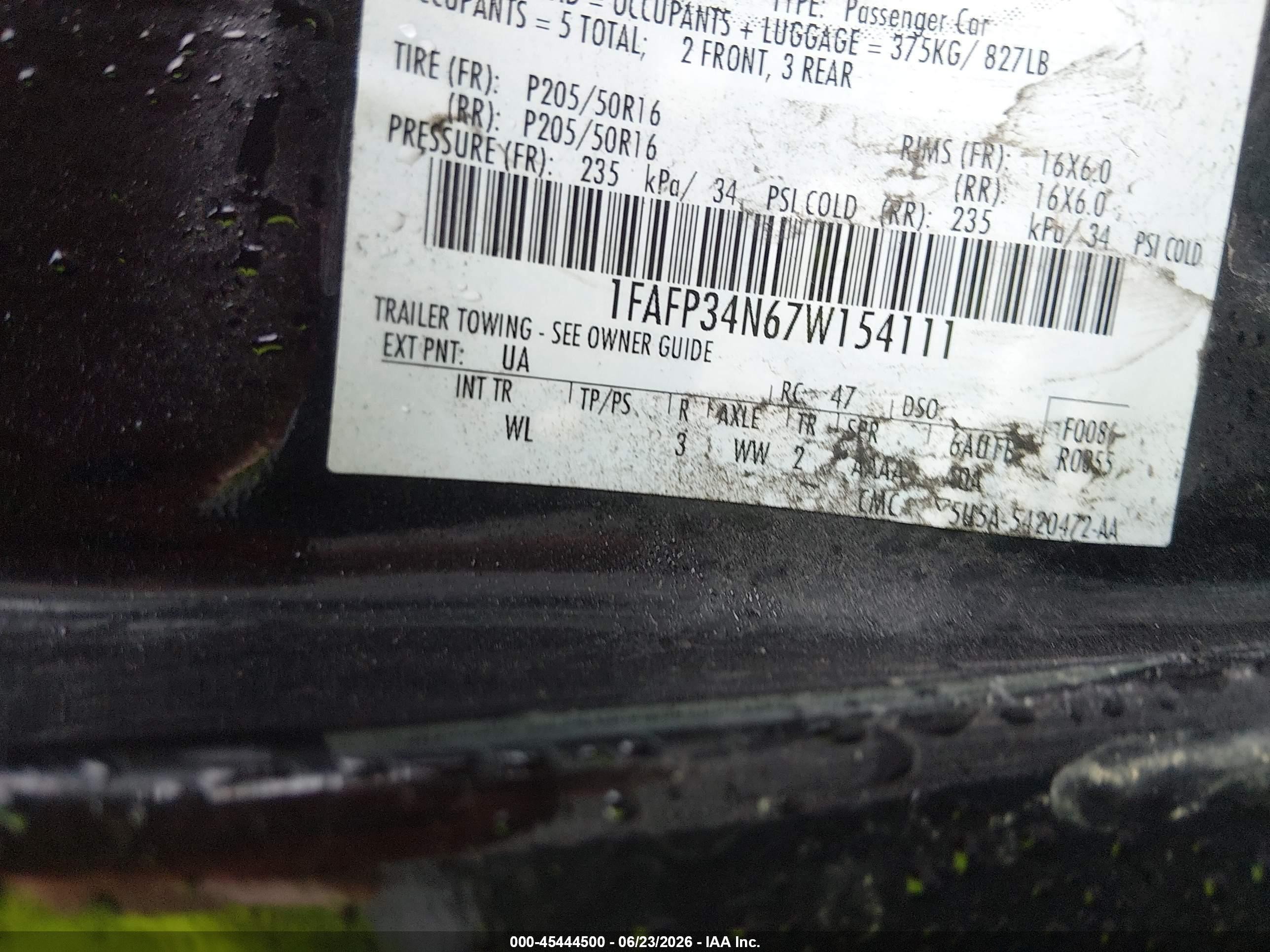 2007 Ford Focus S/se/ses Black vin: 1FAFP34N67W154111