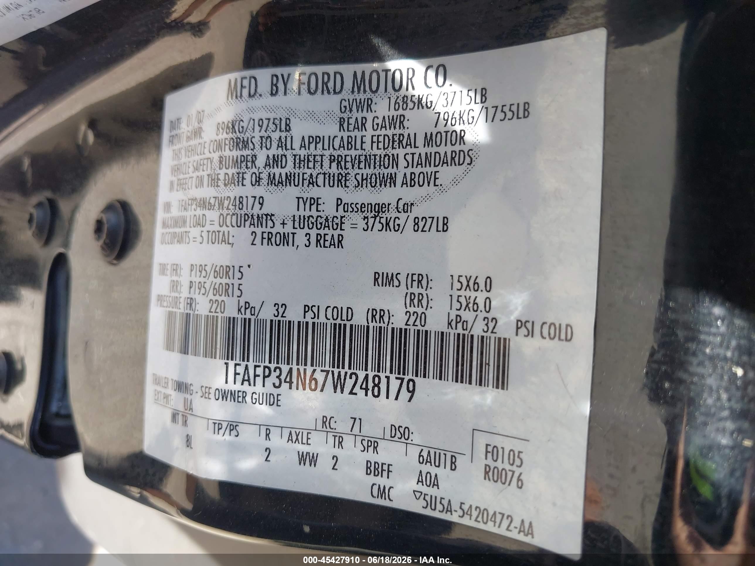 2007 Ford Focus S/se/ses Black vin: 1FAFP34N67W248179