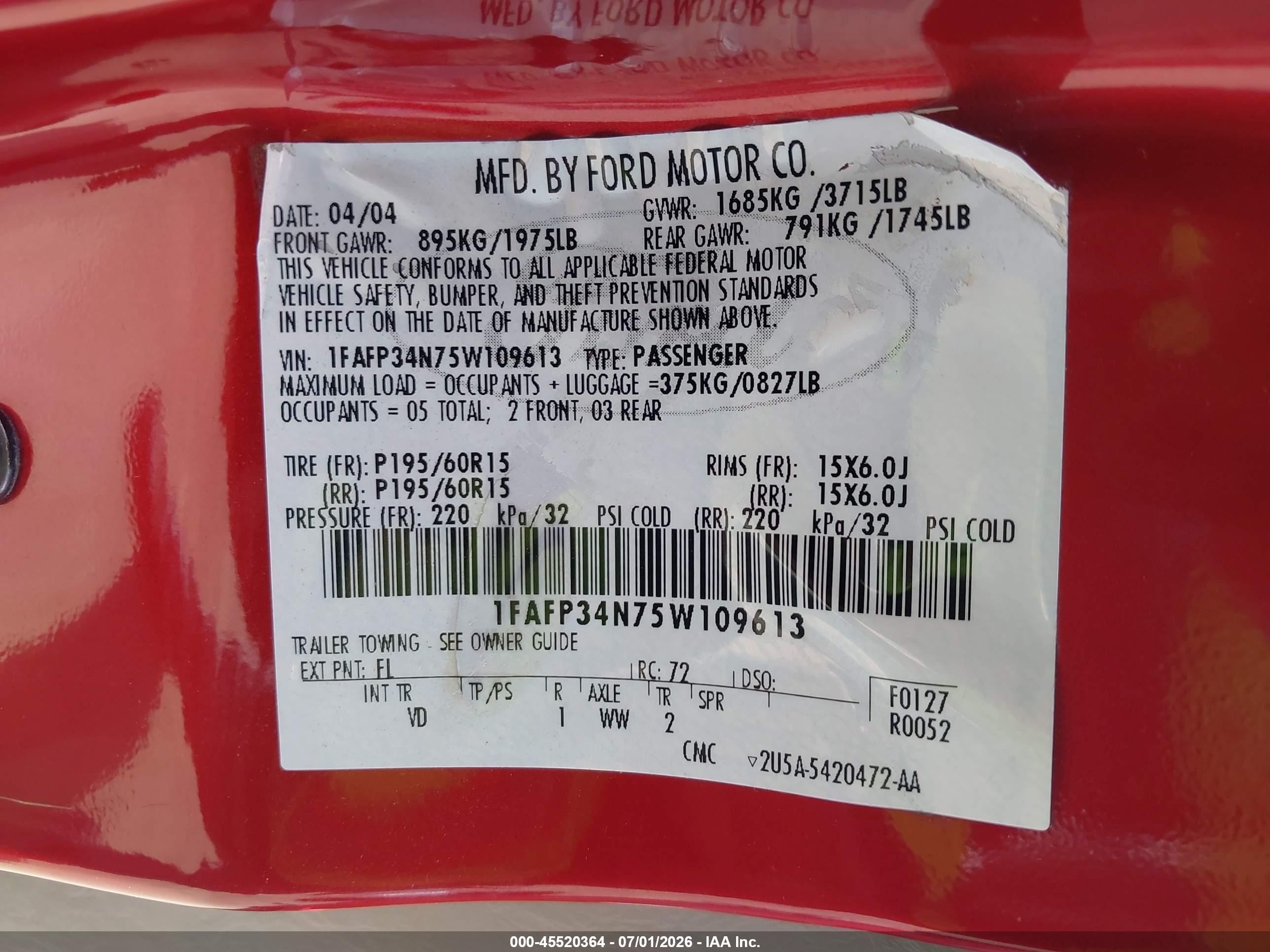 2005 Ford Focus Zx4 Red vin: 1FAFP34N75W109613