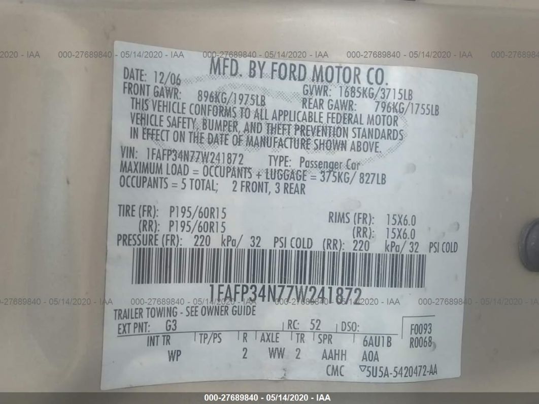 Price & History 2007 Ford Focus Zx4/s/se/ses 2.0l I4 Fi Dohc F vin