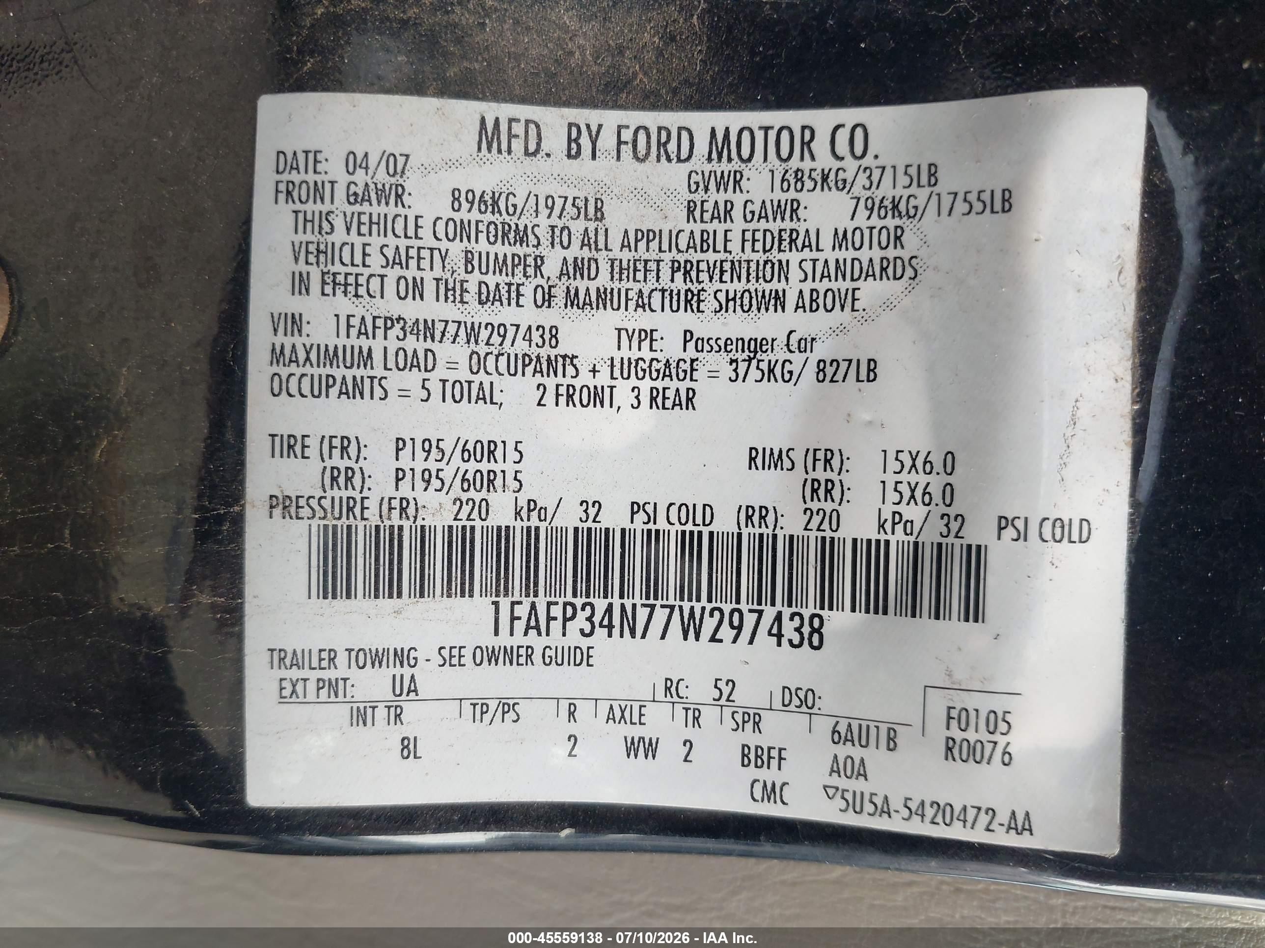 2007 Ford Focus S/se/ses Black vin: 1FAFP34N77W297438