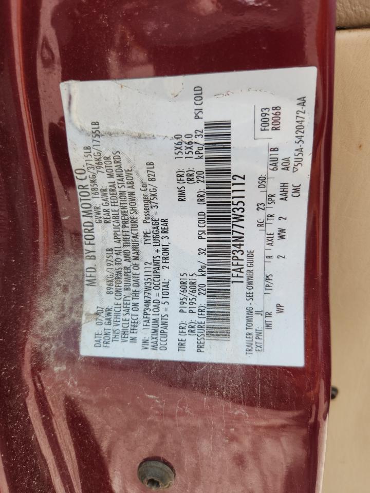 2007 Ford Focus Zx4 Burgundy vin: 1FAFP34N77W351112