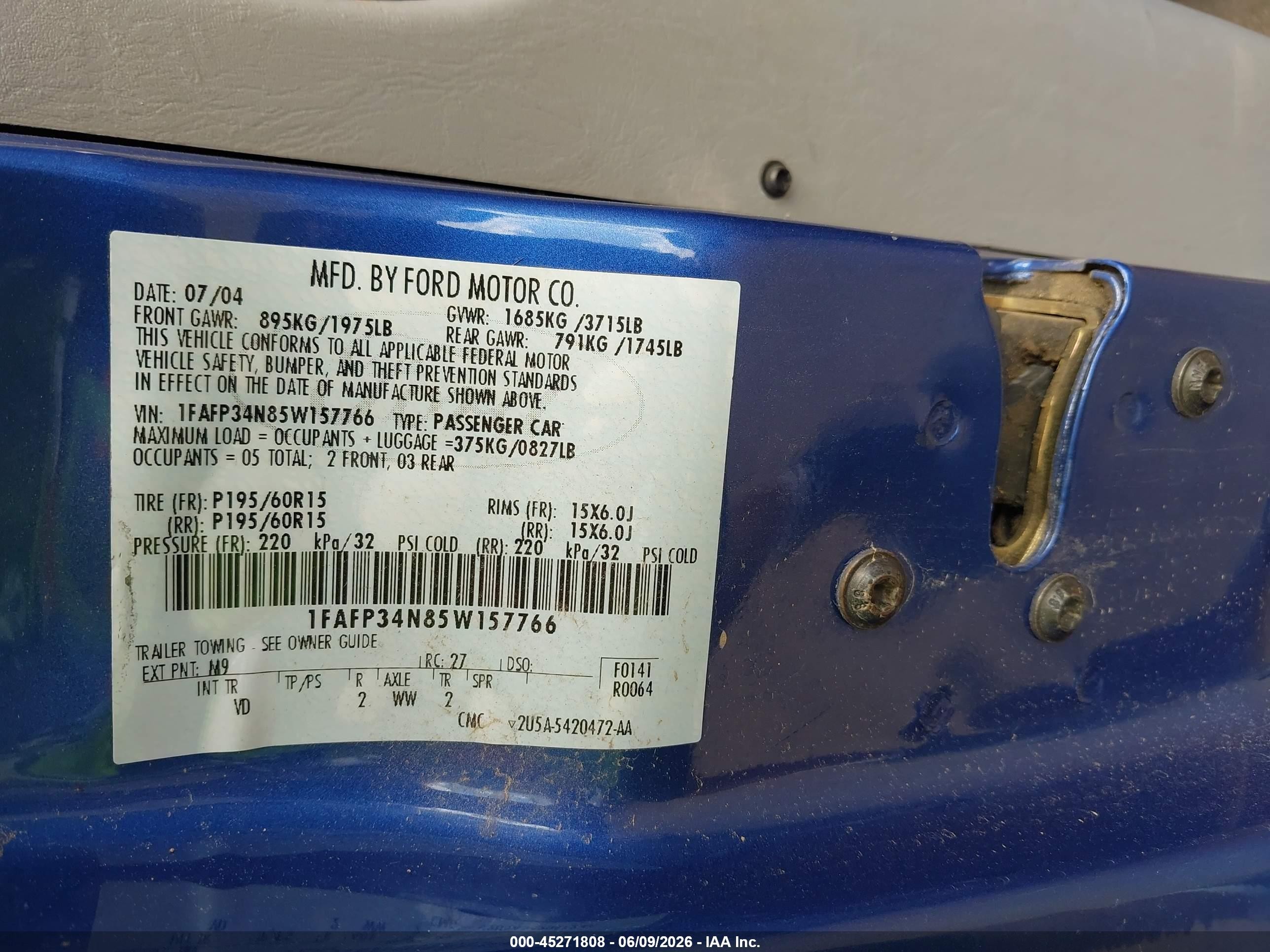 2005 Ford Focus Zx4 Blue vin: 1FAFP34N85W157766
