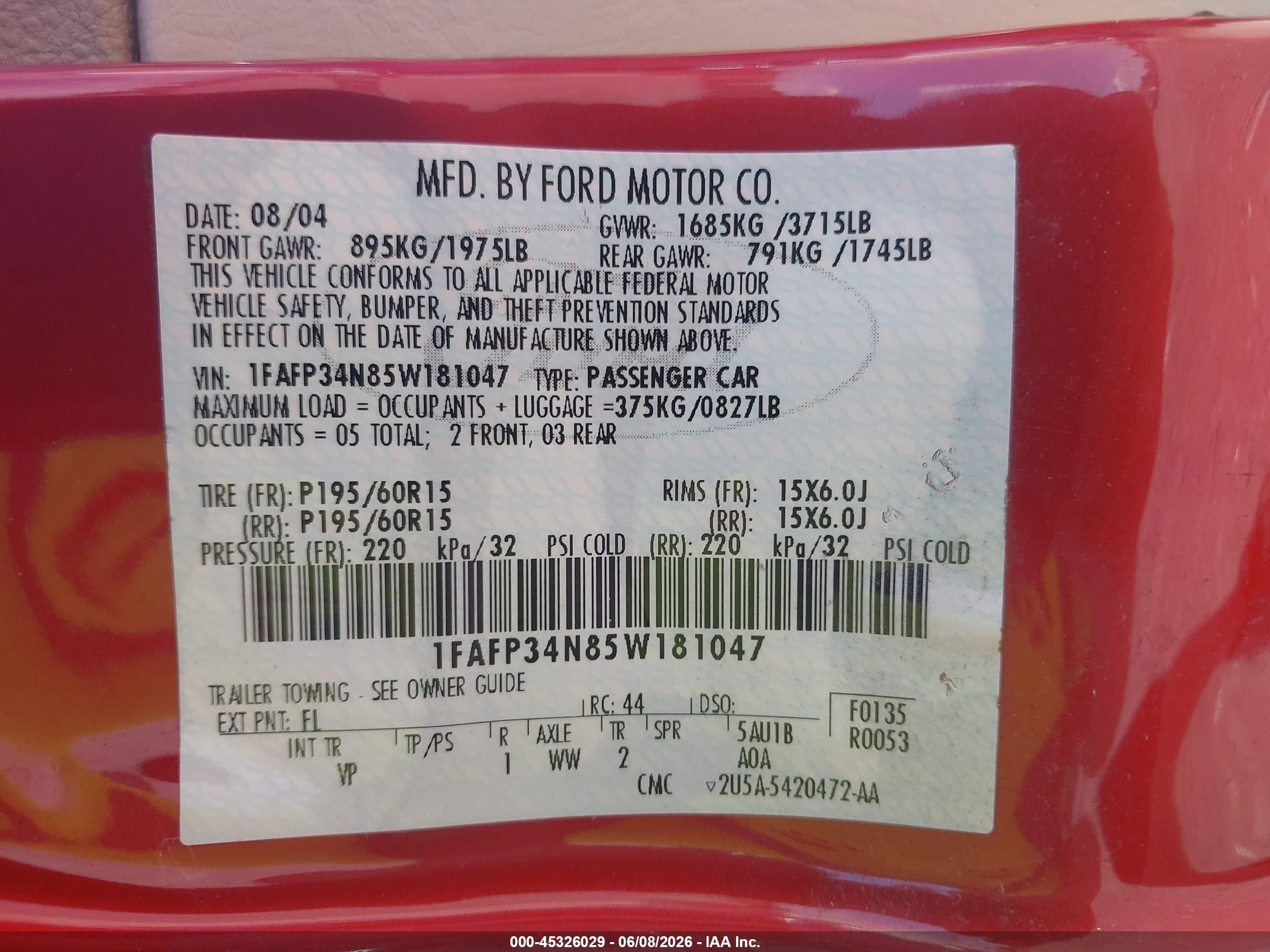 2005 Ford Focus Zx4 Red vin: 1FAFP34N85W181047