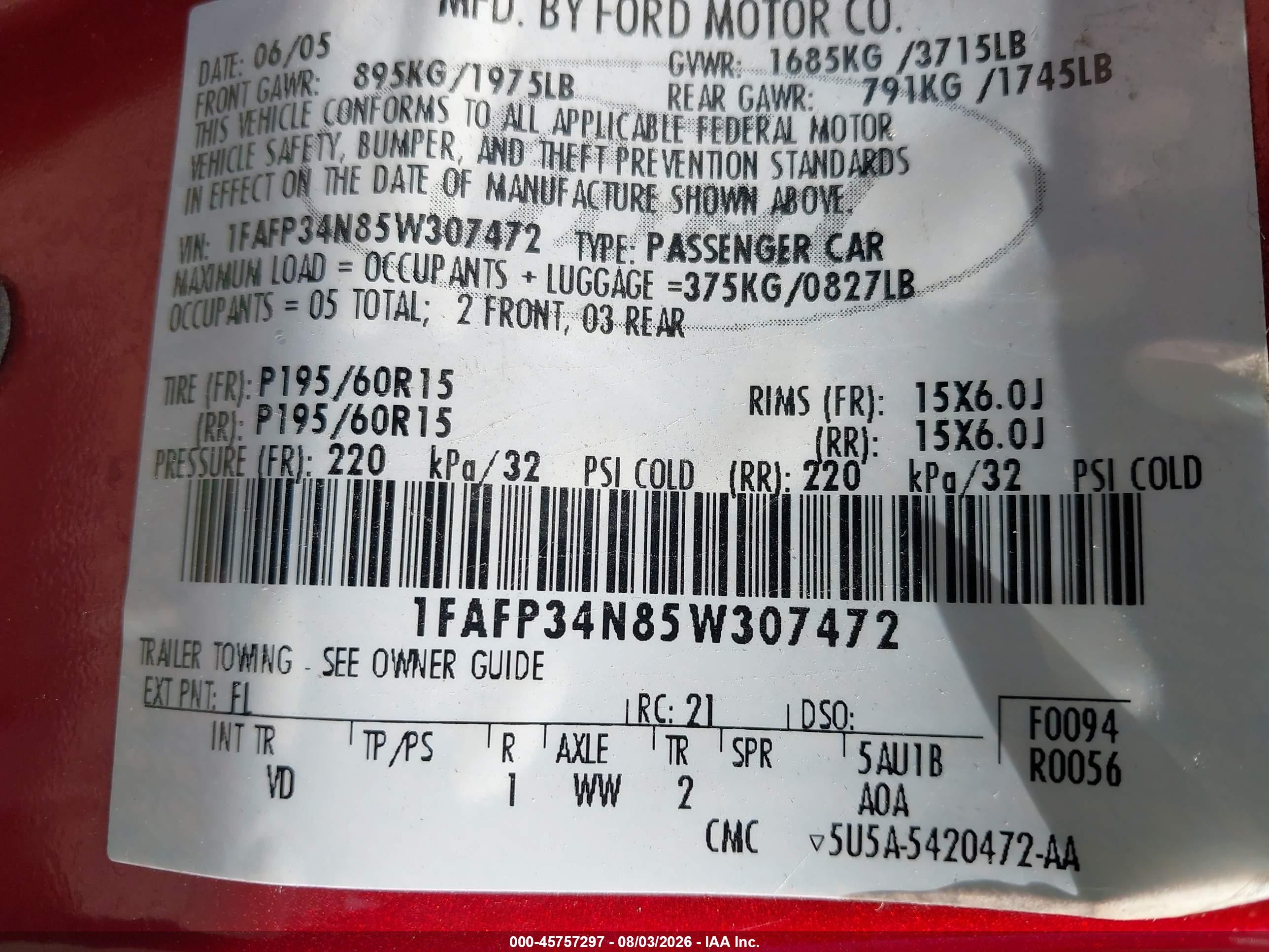 2005 Ford Focus Zx4 Red vin: 1FAFP34N85W307472
