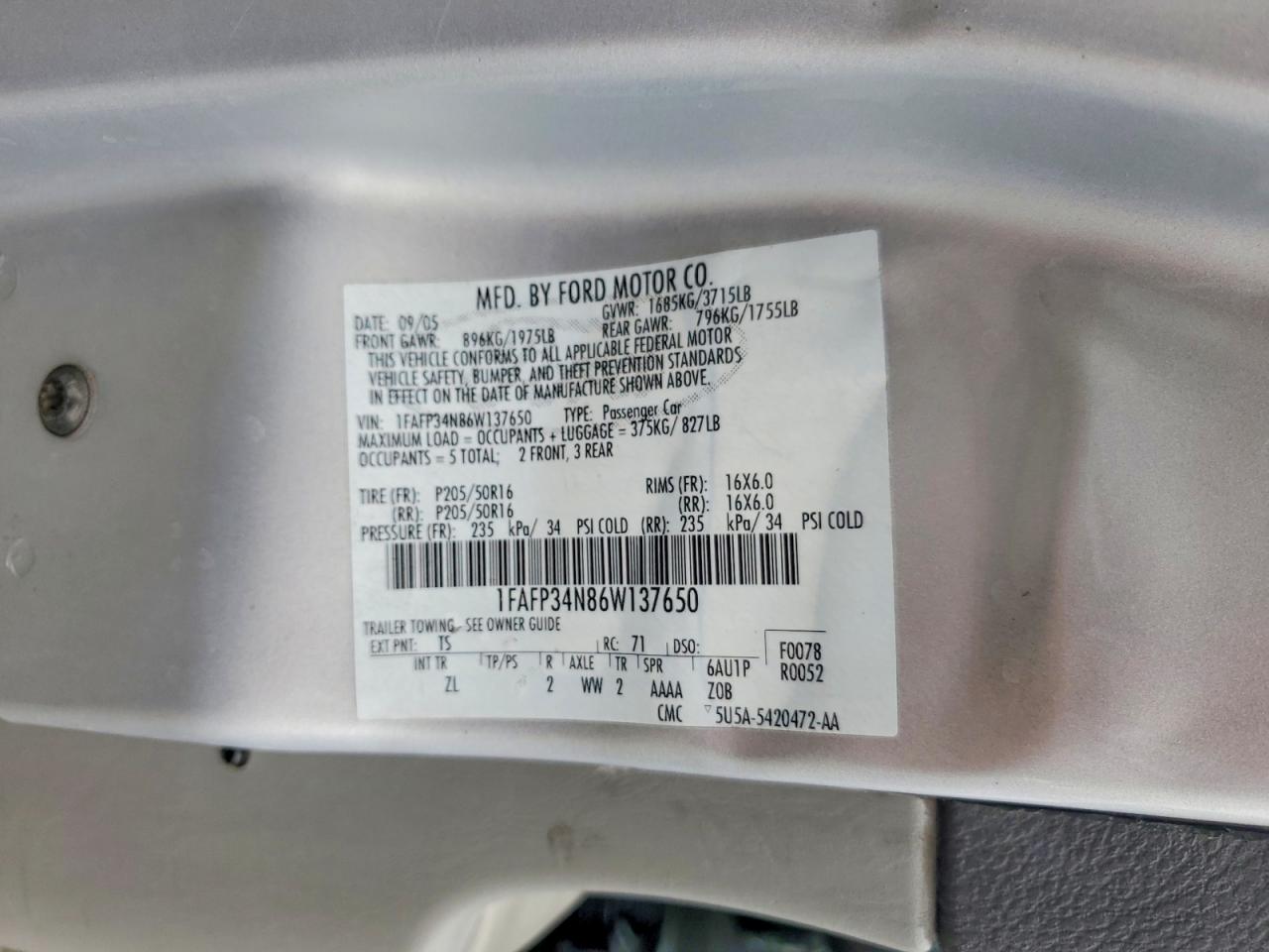 2006 Ford Focus Zx4 Silver vin: 1FAFP34N86W137650