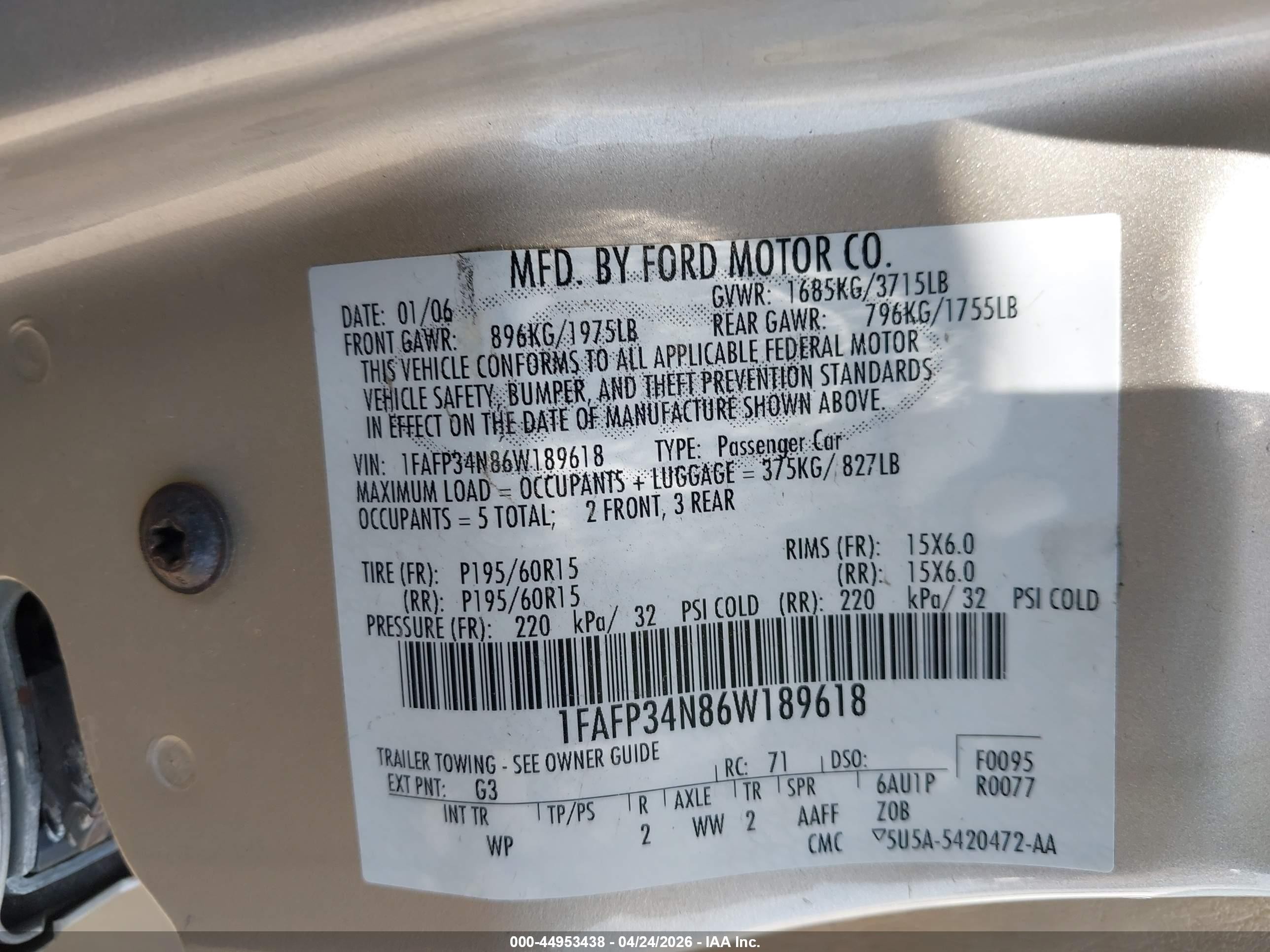 2006 Ford Focus Zx4 Champagne vin: 1FAFP34N86W189618