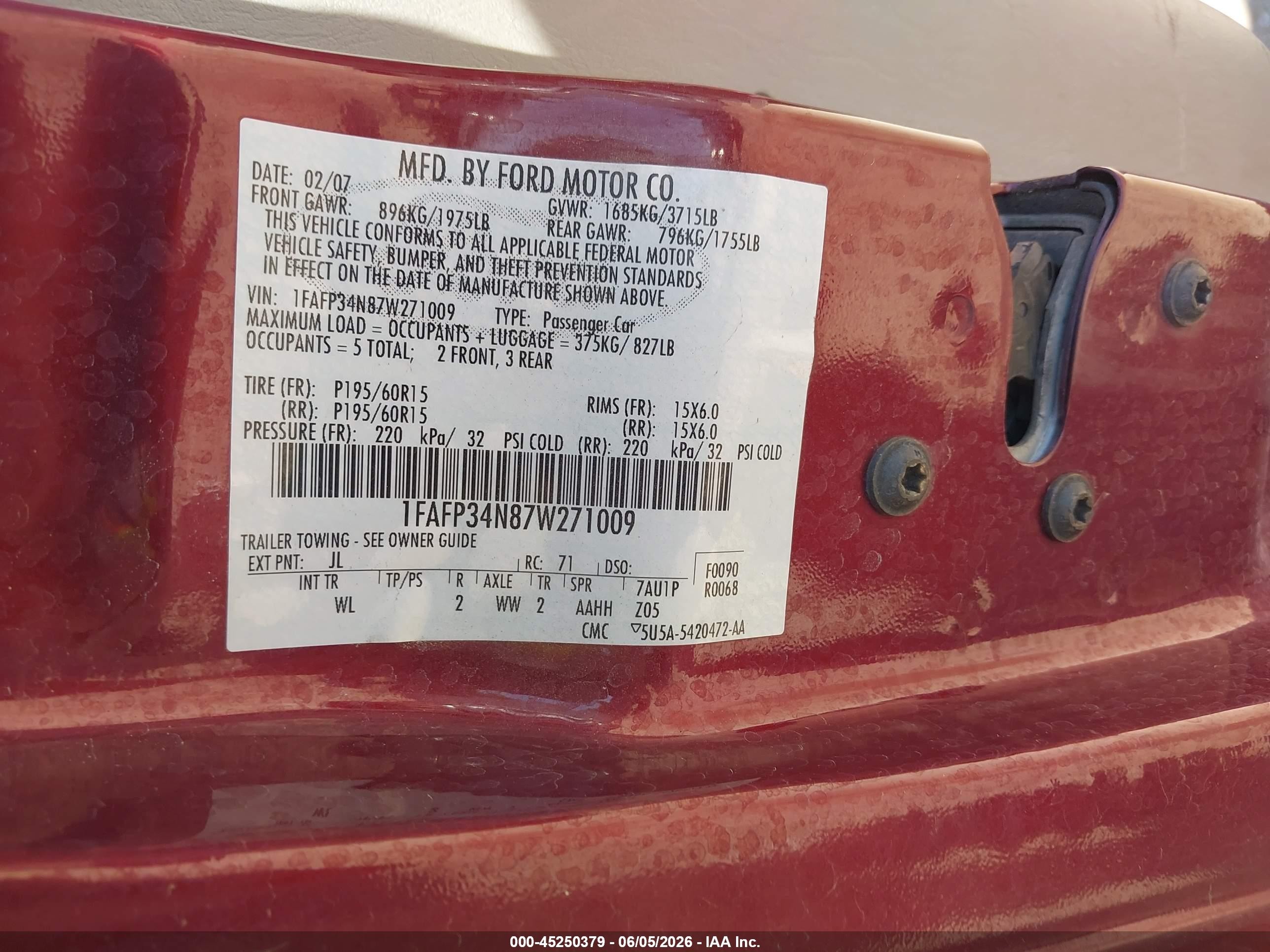 2007 Ford Focus Zx4/s/se/ses Maroon vin: 1FAFP34N87W271009