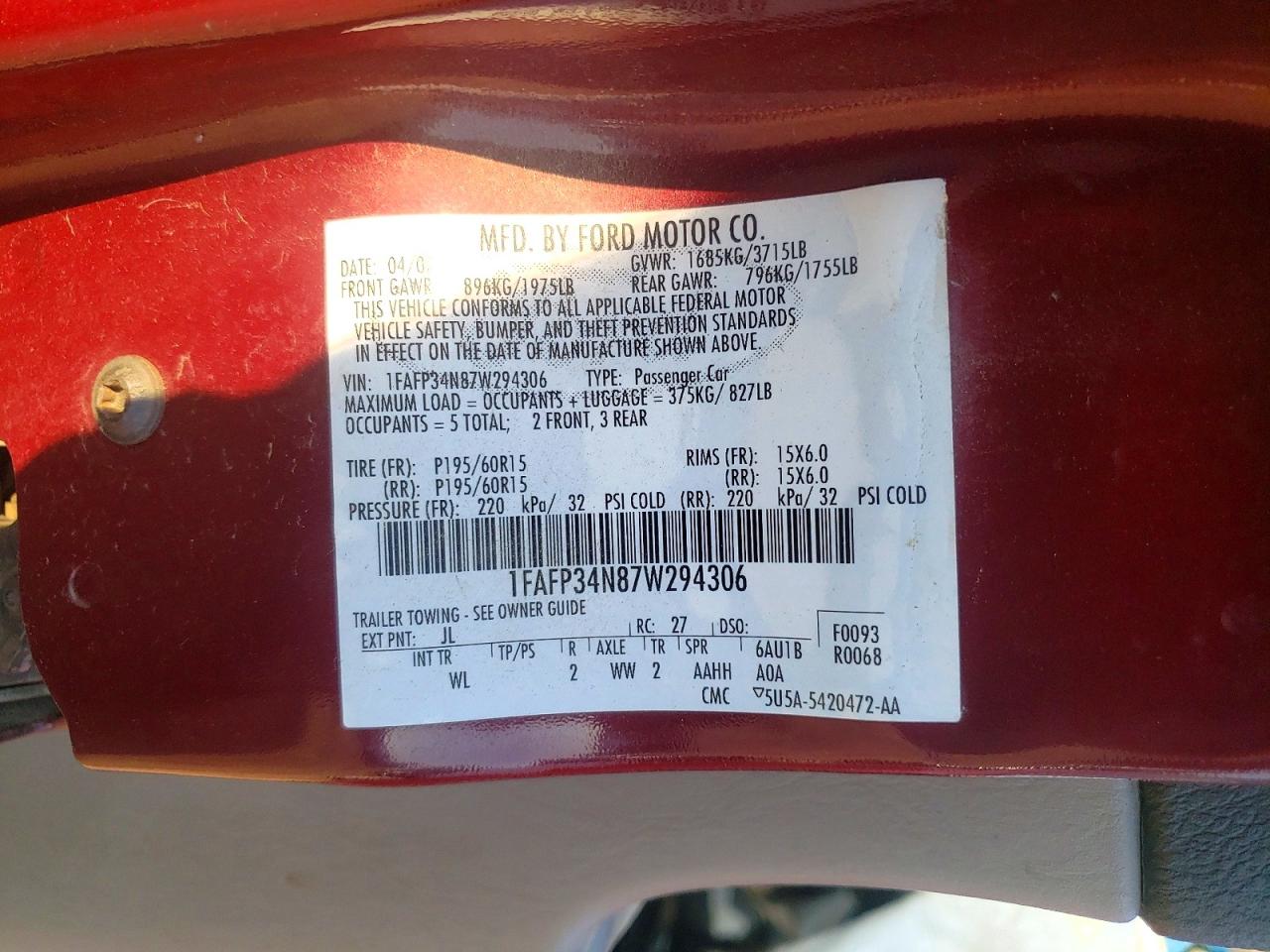 2007 Ford Focus Zx4 Maroon vin: 1FAFP34N87W294306