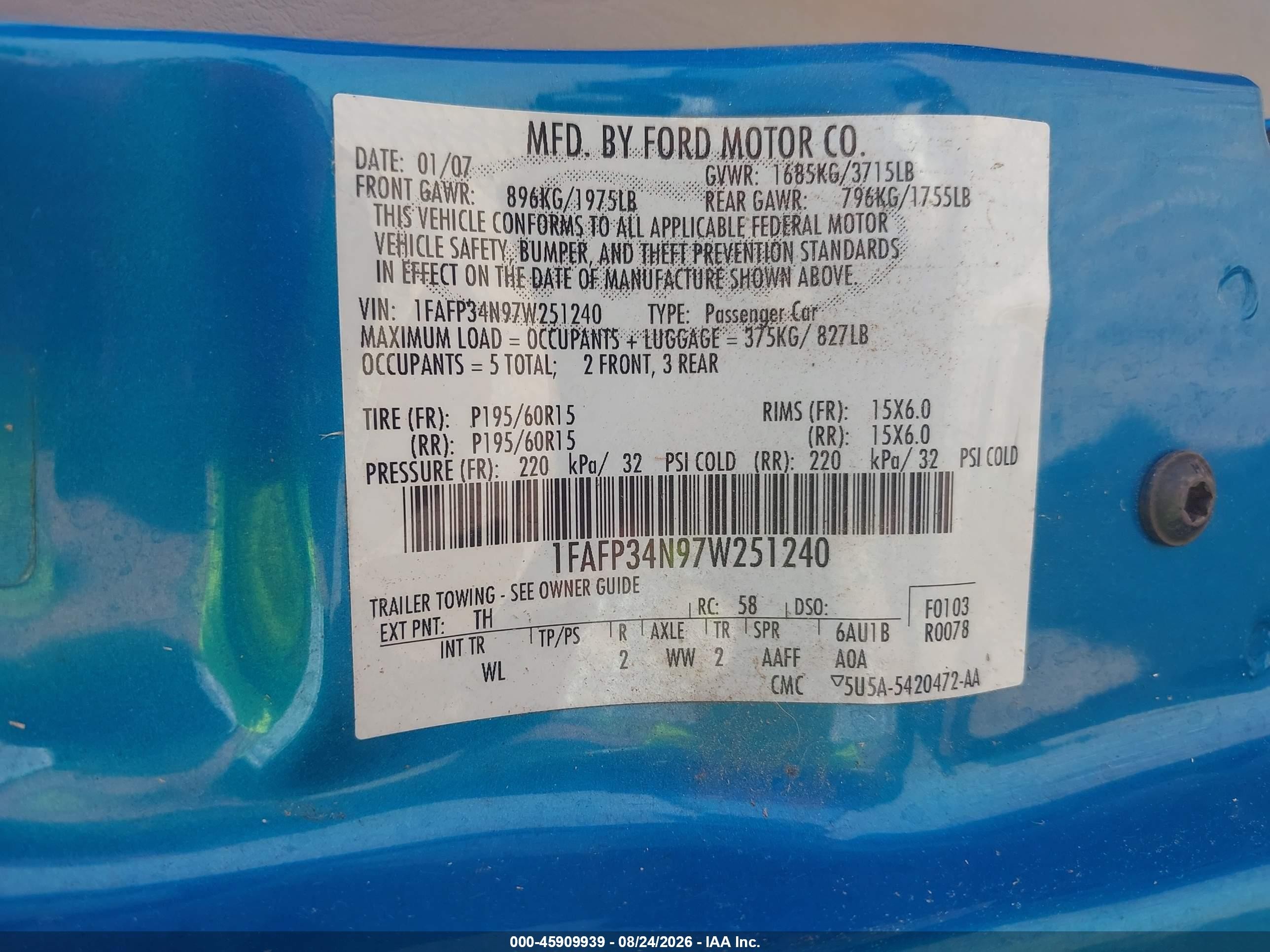 2007 Ford Focus S/se/ses Blue vin: 1FAFP34N97W251240