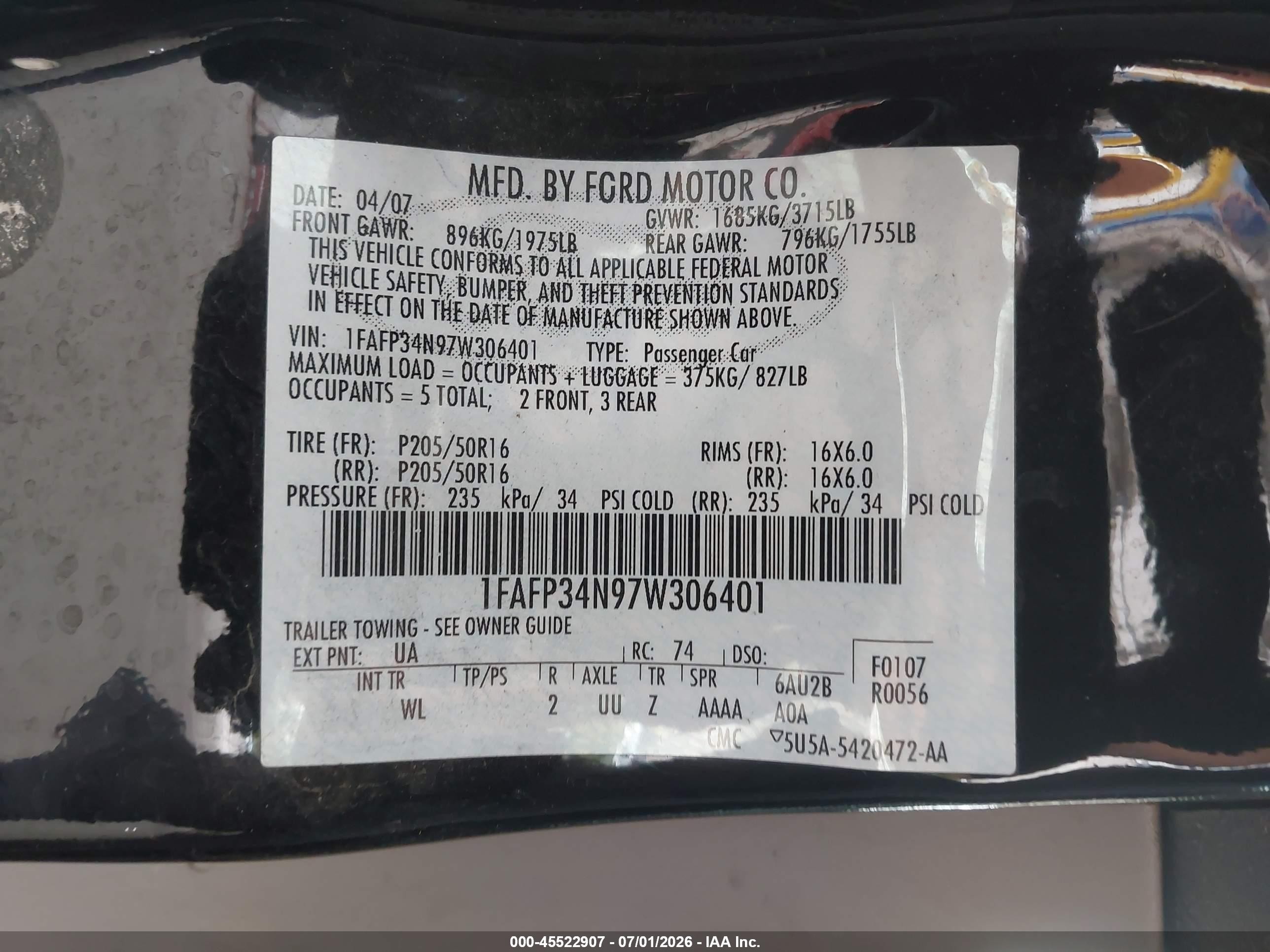 2007 Ford Focus S/se/ses Black vin: 1FAFP34N97W306401