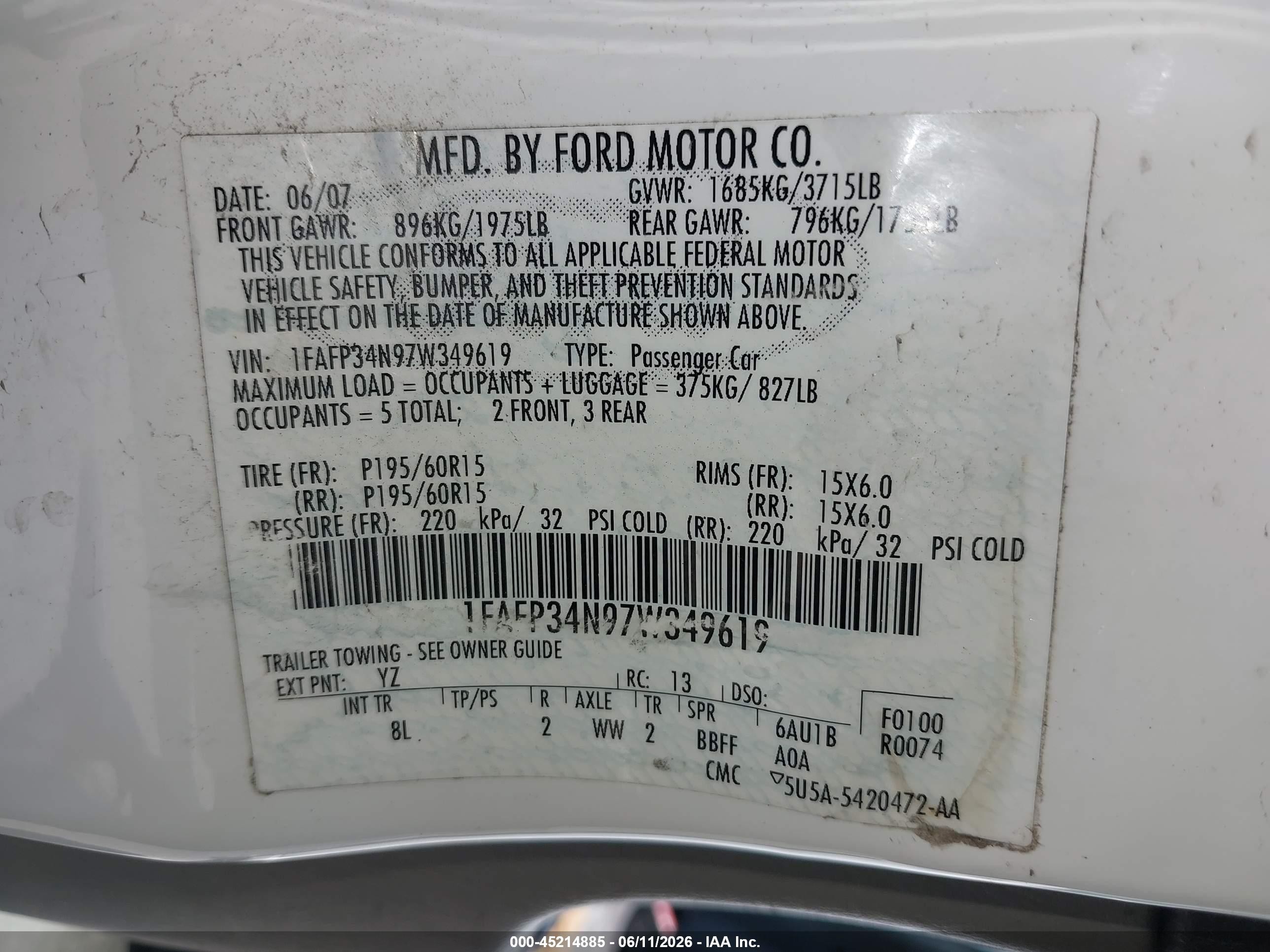 2007 Ford Focus S/se/ses Белый vin: 1FAFP34N97W349619