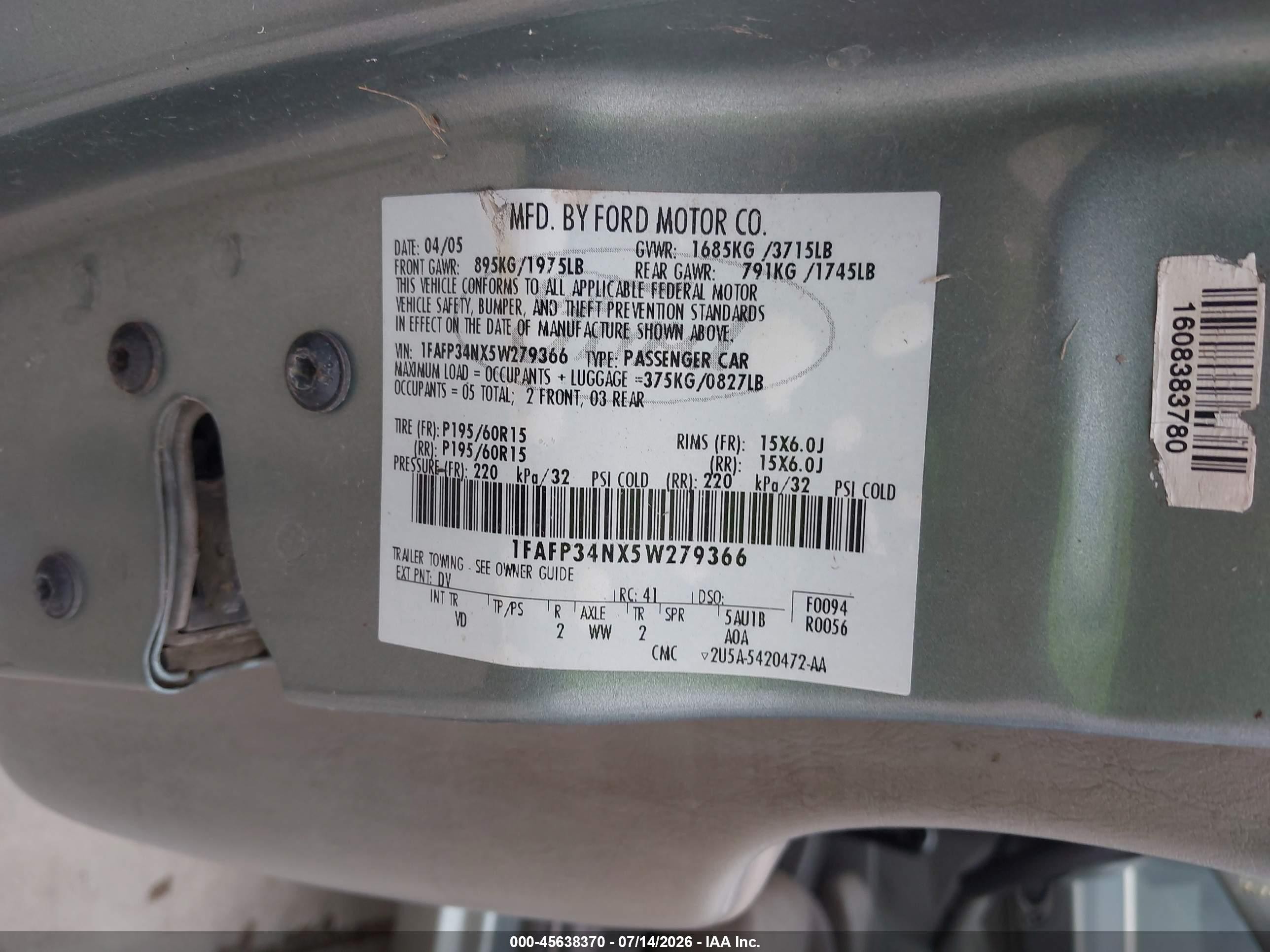 2005 Ford Focus Zx4 Light Blue vin: 1FAFP34NX5W279366