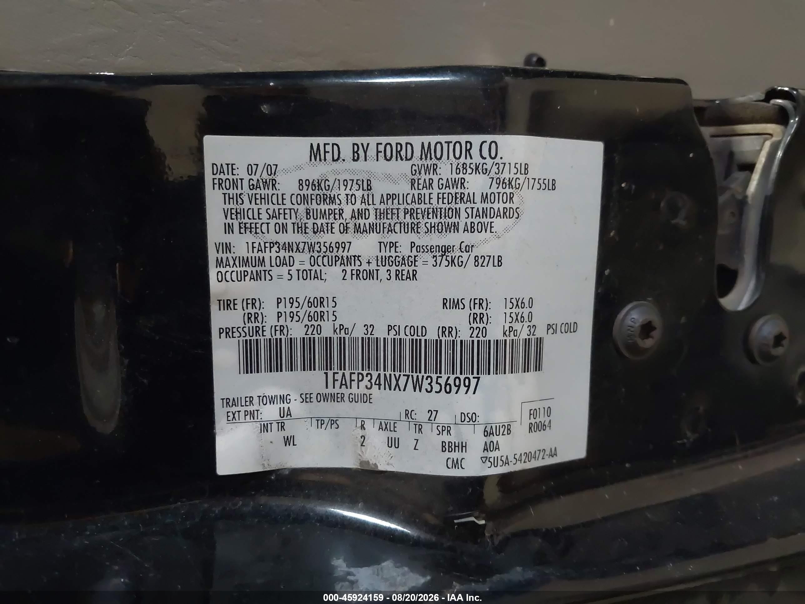 2007 Ford Focus S/se/ses Black vin: 1FAFP34NX7W356997