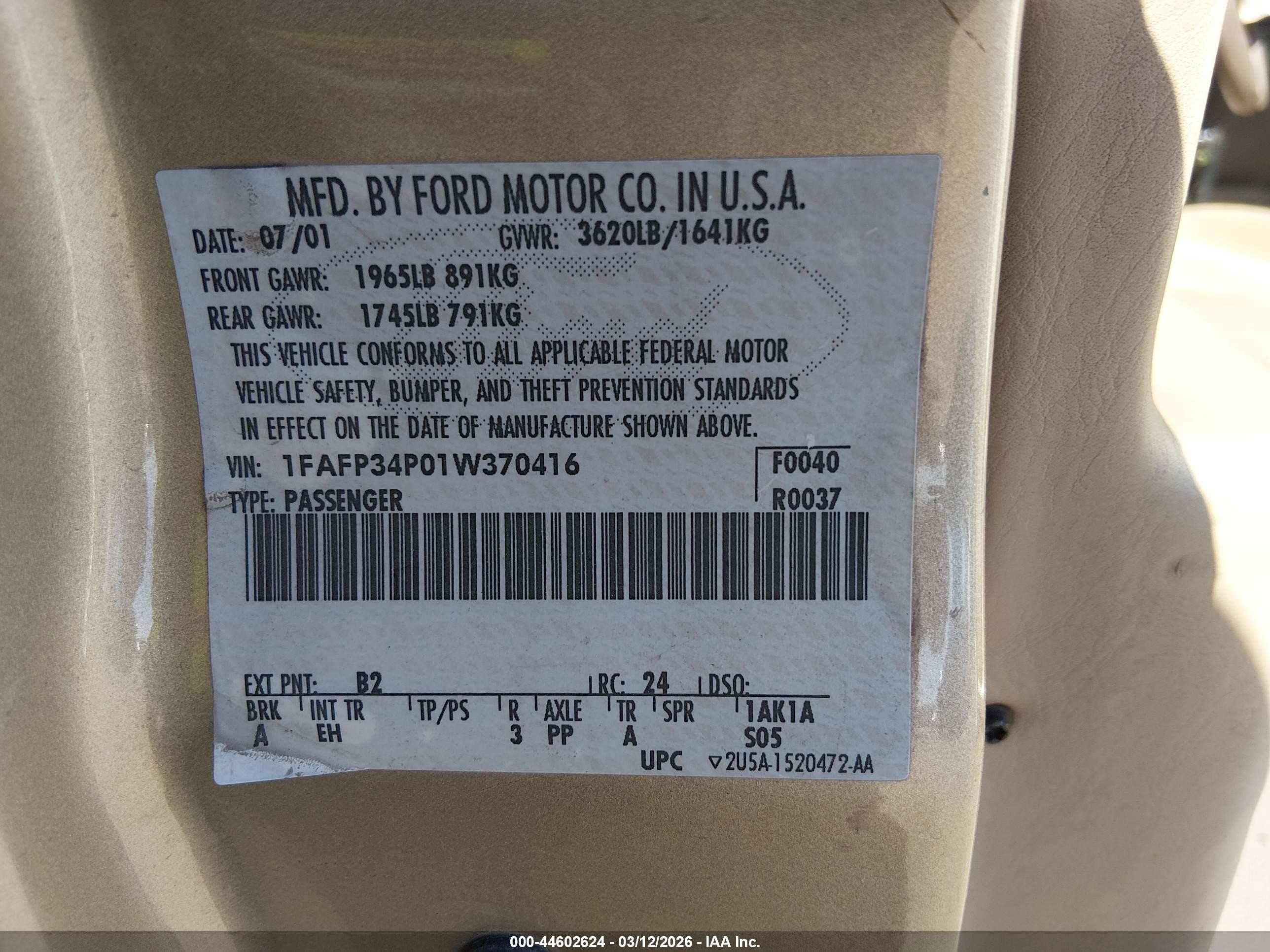 2001 Ford Focus Se Gold vin: 1FAFP34P01W370416