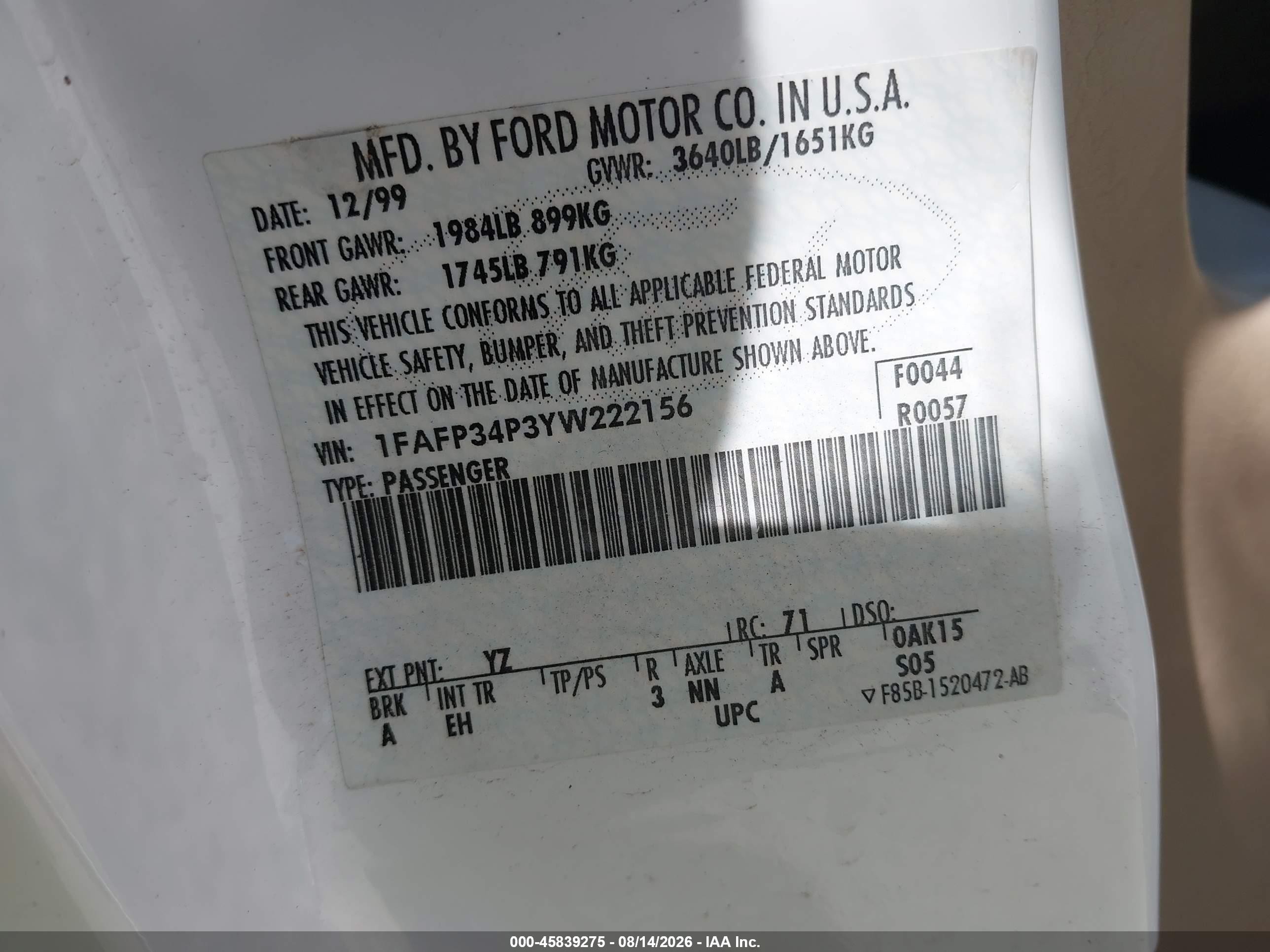 2000 Ford Focus Se White vin: 1FAFP34P3YW222156