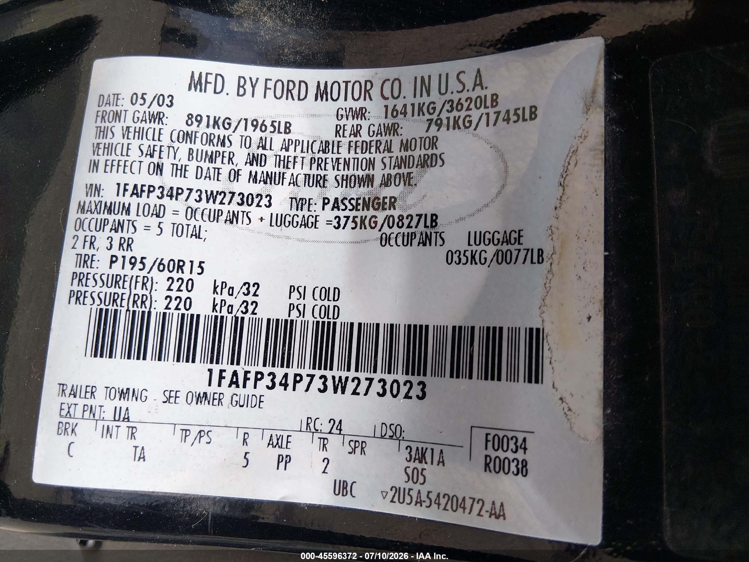 2003 Ford Focus Se Black vin: 1FAFP34P73W273023