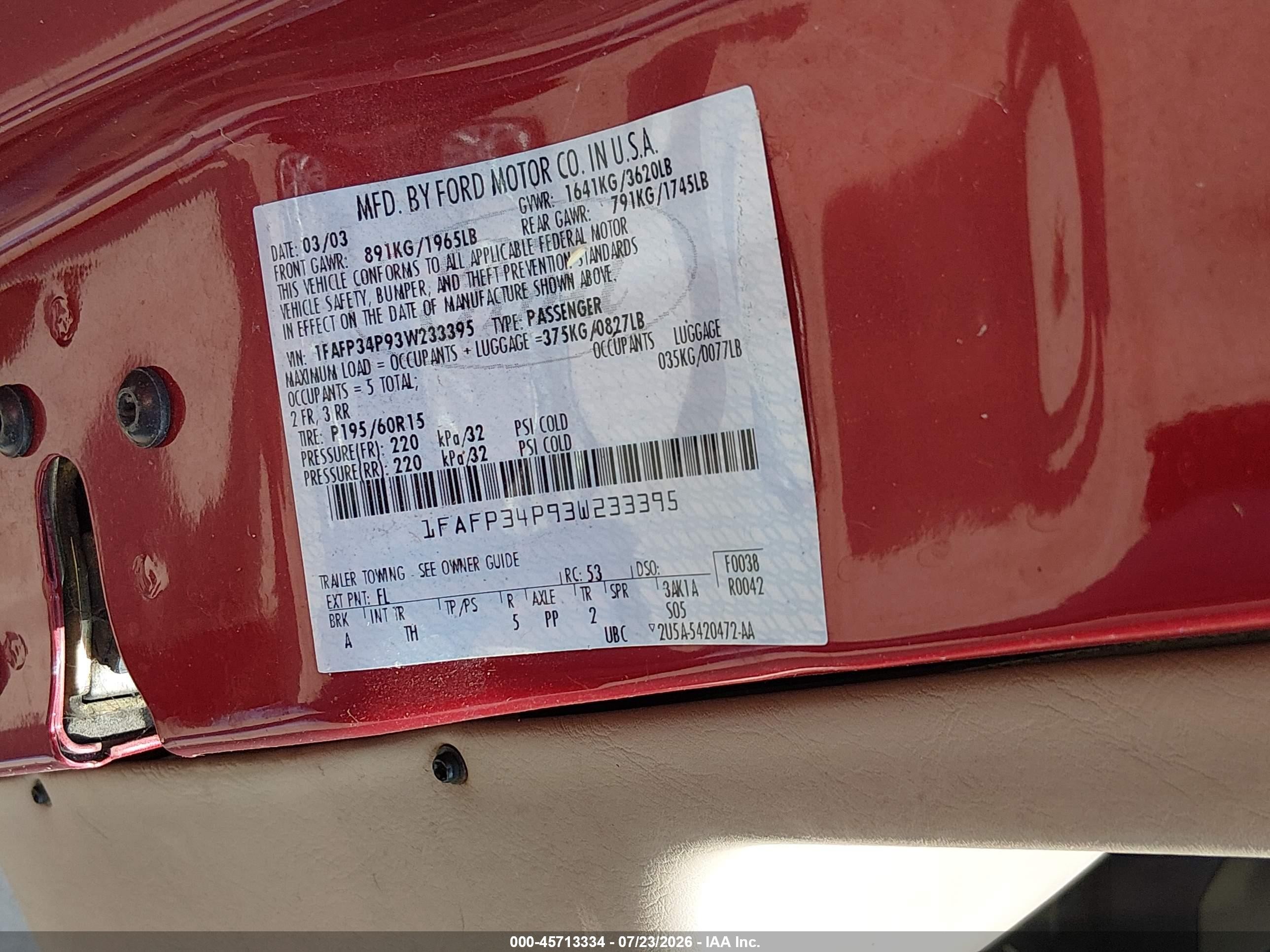 2003 Ford Focus Se Red vin: 1FAFP34P93W233395