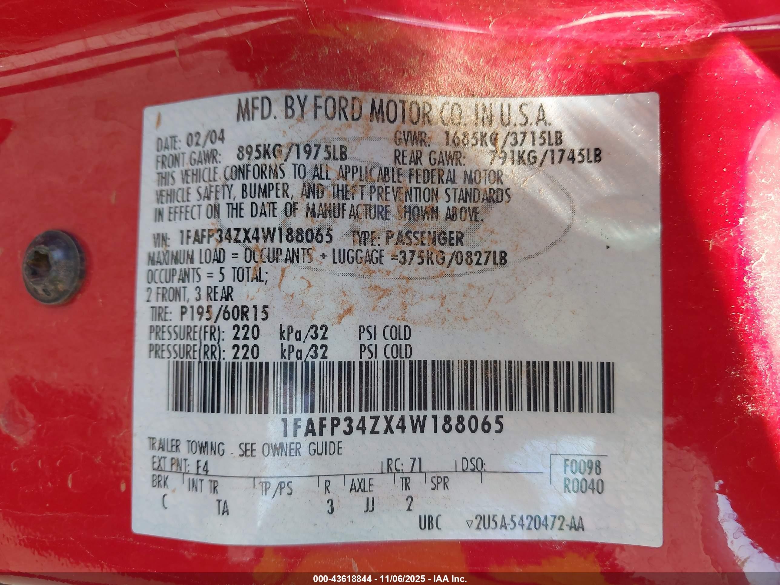 2004 Ford Focus Se Red vin: 1FAFP34ZX4W188065