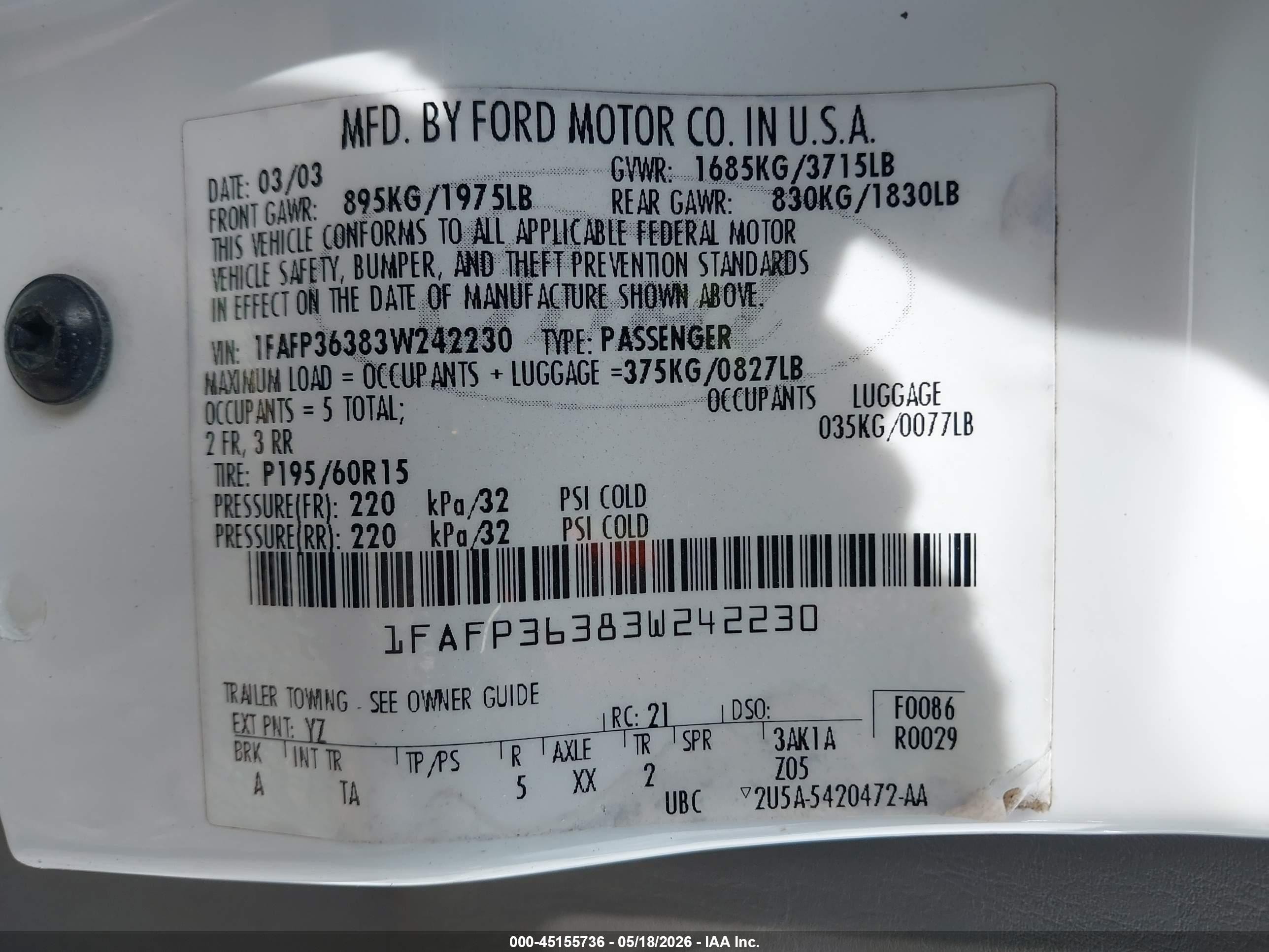2003 Ford Focus Se/ztw White vin: 1FAFP36383W242230