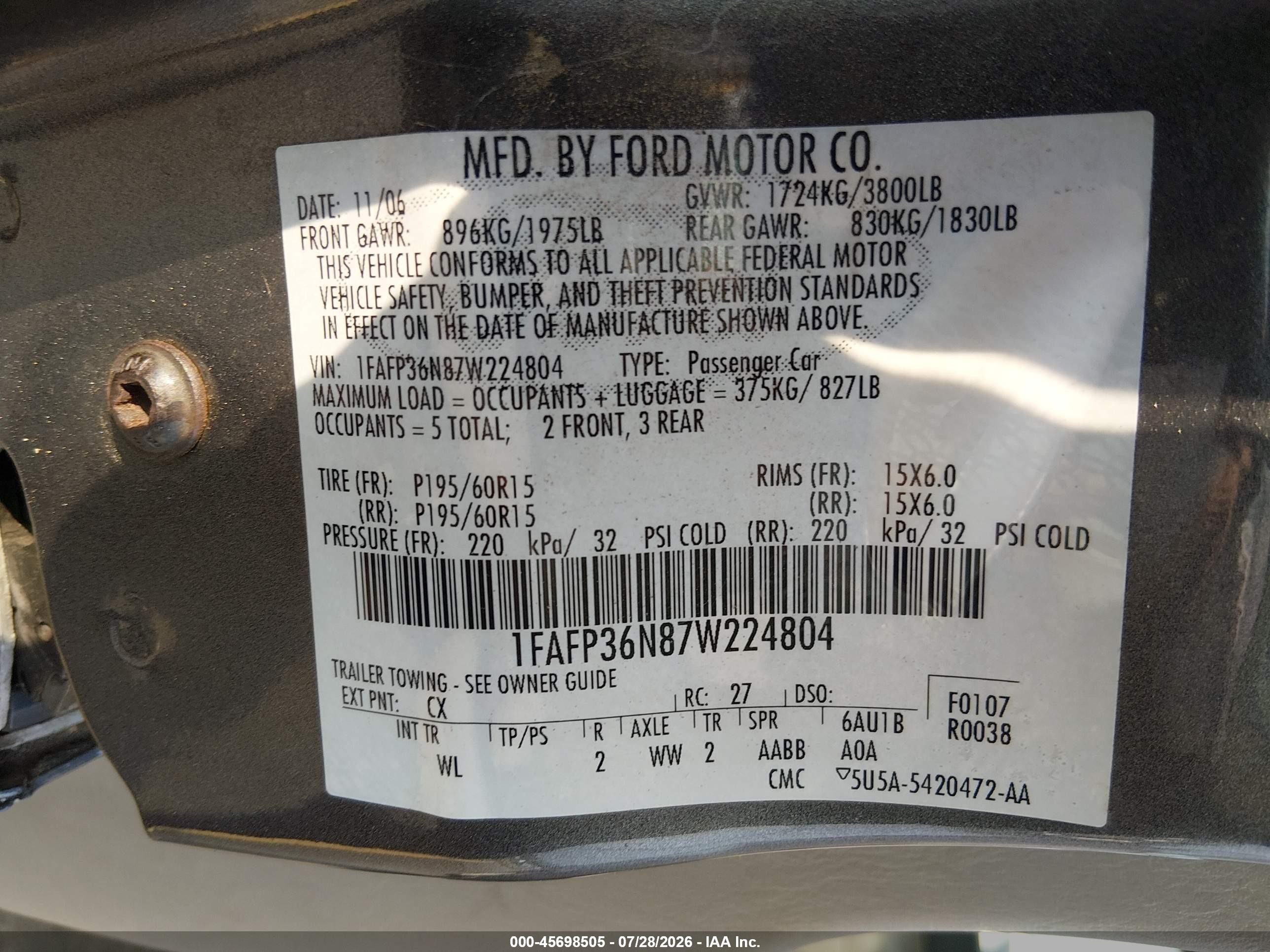 2007 Ford Focus Se/ses Gray vin: 1FAFP36N87W224804