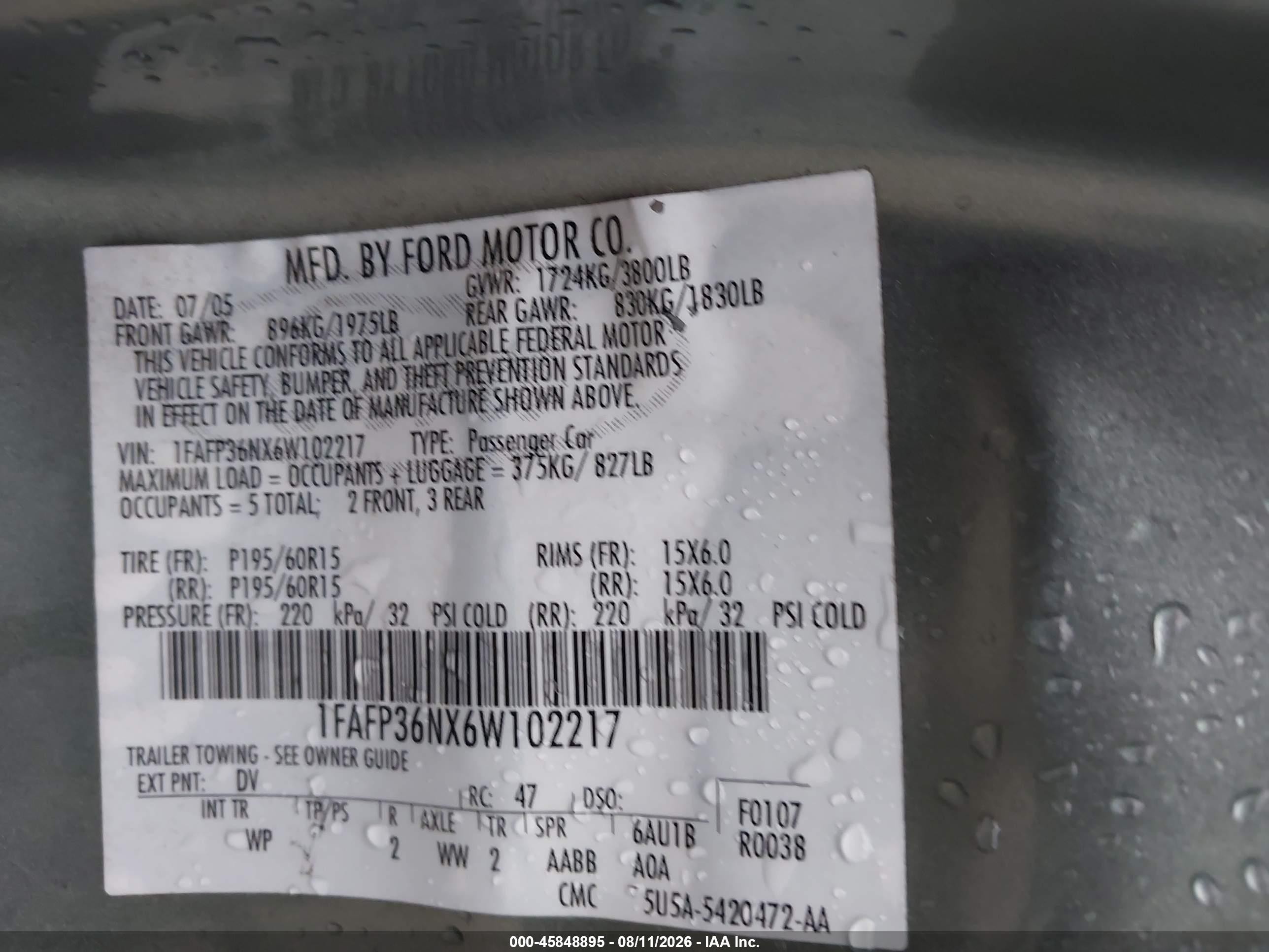 2006 Ford Focus Zxw Teal vin: 1FAFP36NX6W102217
