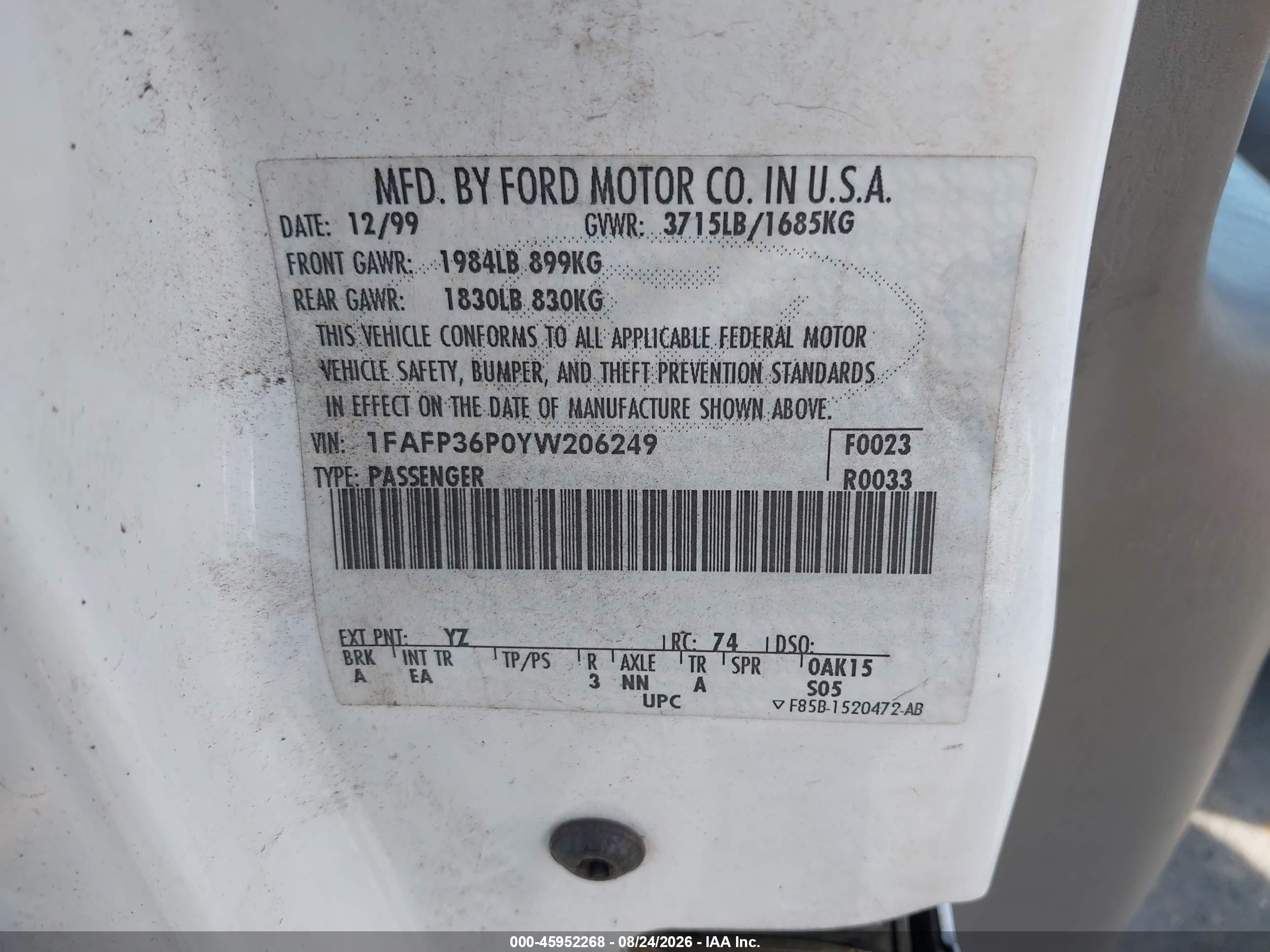 2000 Ford Focus Se White vin: 1FAFP36P0YW206249