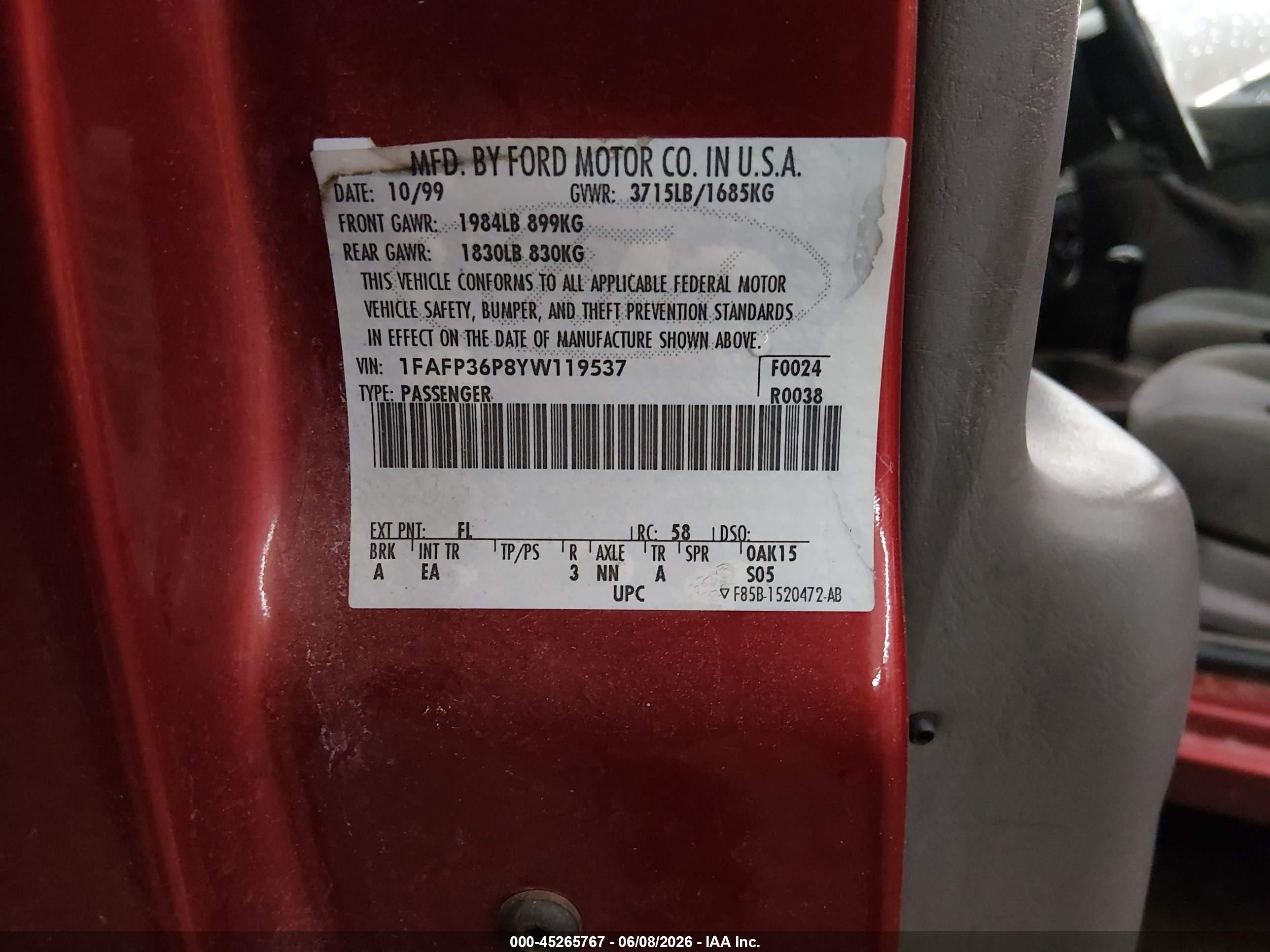 2000 Ford Focus Se Red vin: 1FAFP36P8YW119537