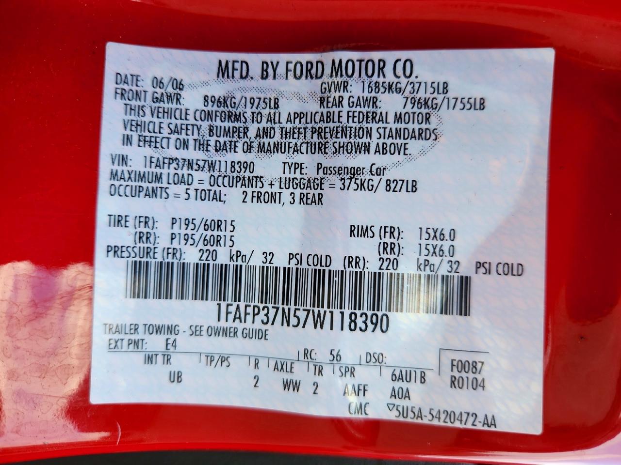 2007 Ford Focus Zx5 Red vin: 1FAFP37N57W118390