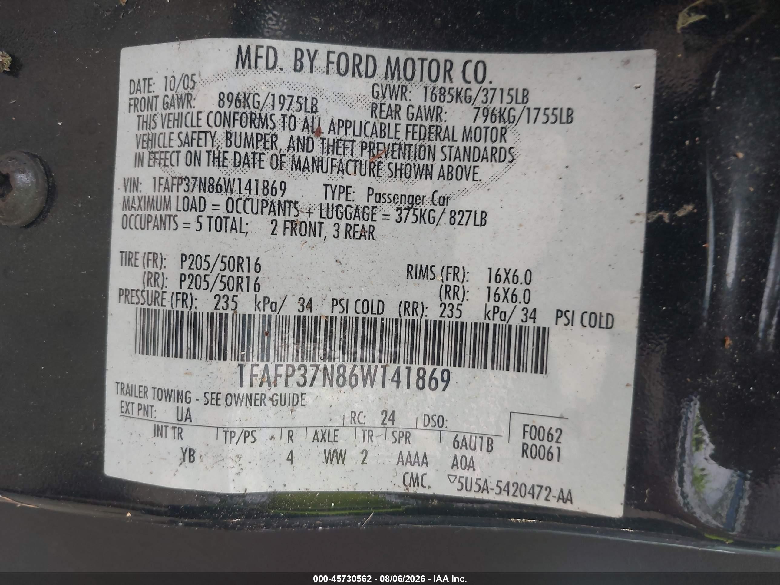 2006 Ford Focus Zx5 Black vin: 1FAFP37N86W141869