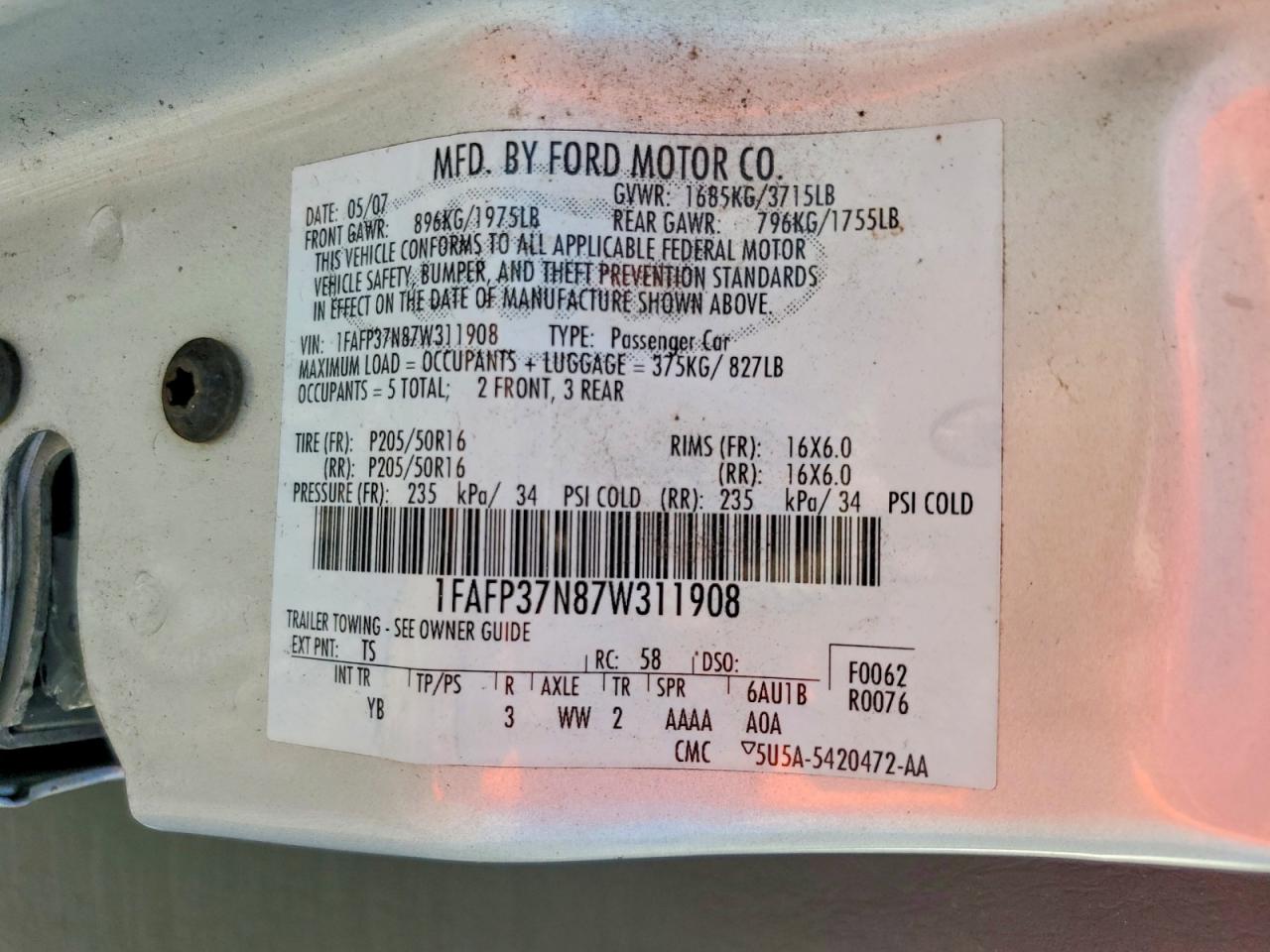 2007 Ford Focus Zx5 Серебряный vin: 1FAFP37N87W311908