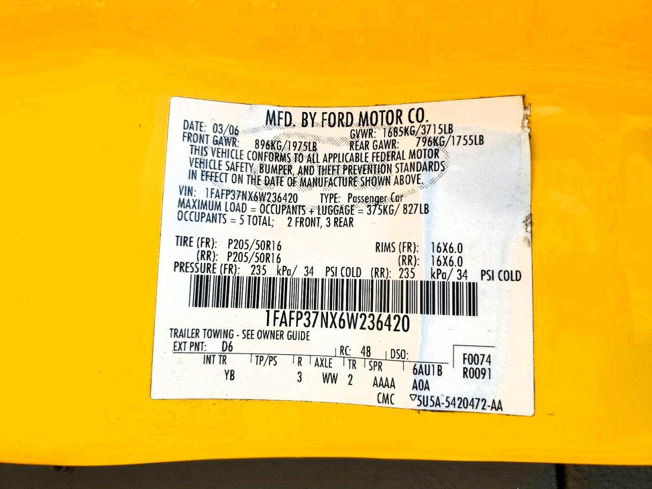 2006 Ford Focus Zx5 Yellow vin: 1FAFP37NX6W236420