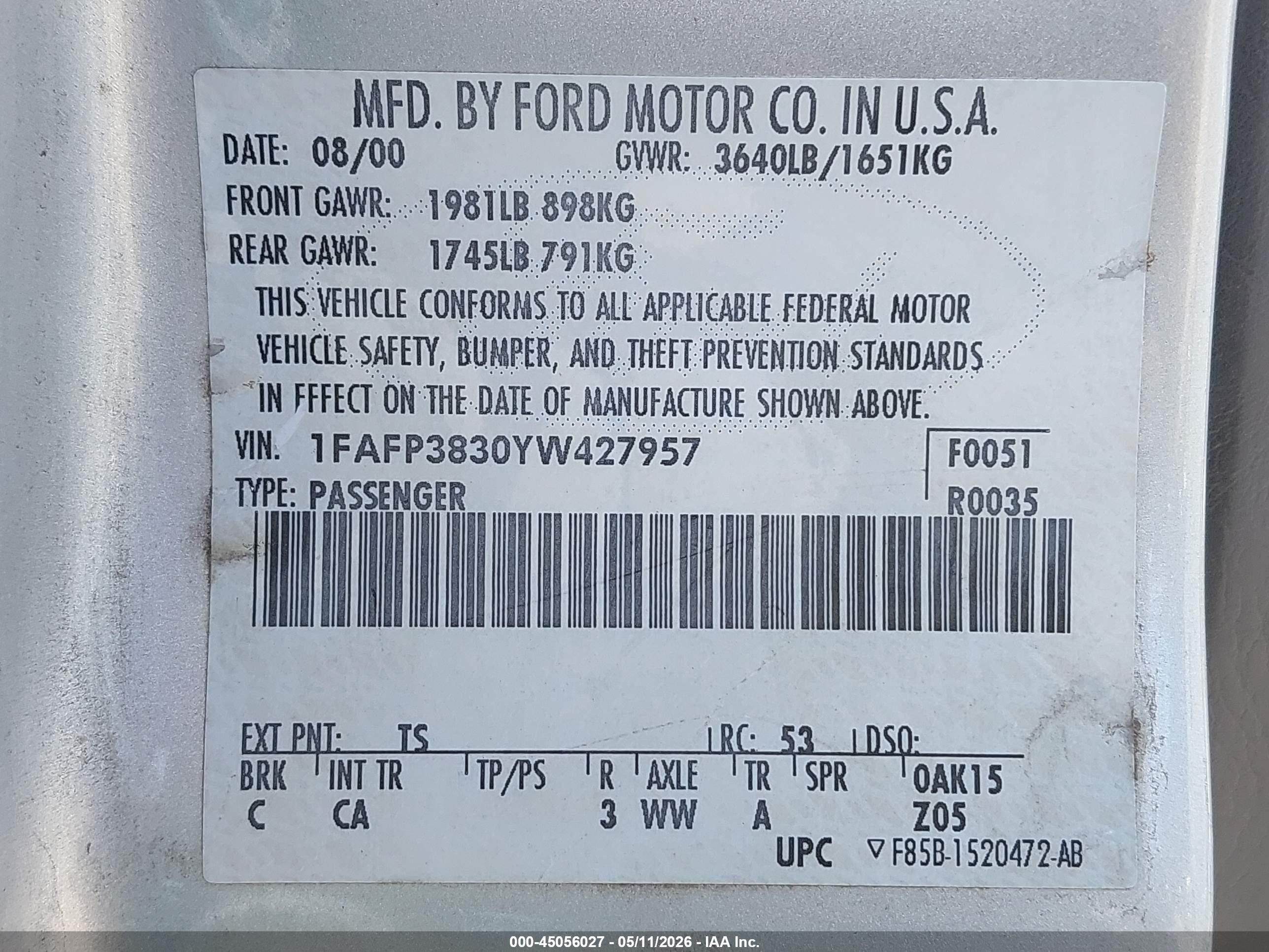 2000 Ford Focus Zts Silver vin: 1FAFP3830YW427957