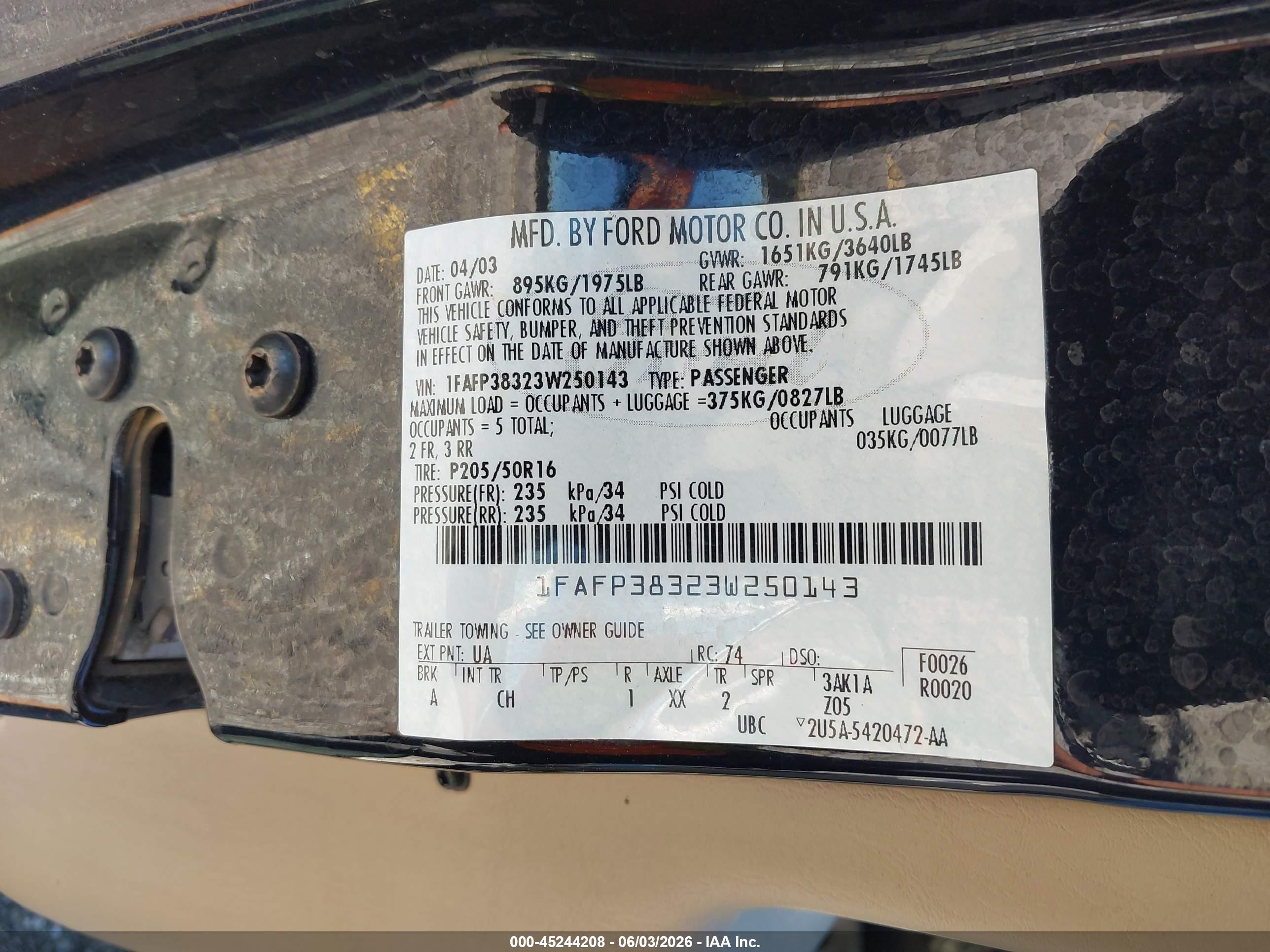 2003 Ford Focus Zts Black vin: 1FAFP38323W250143