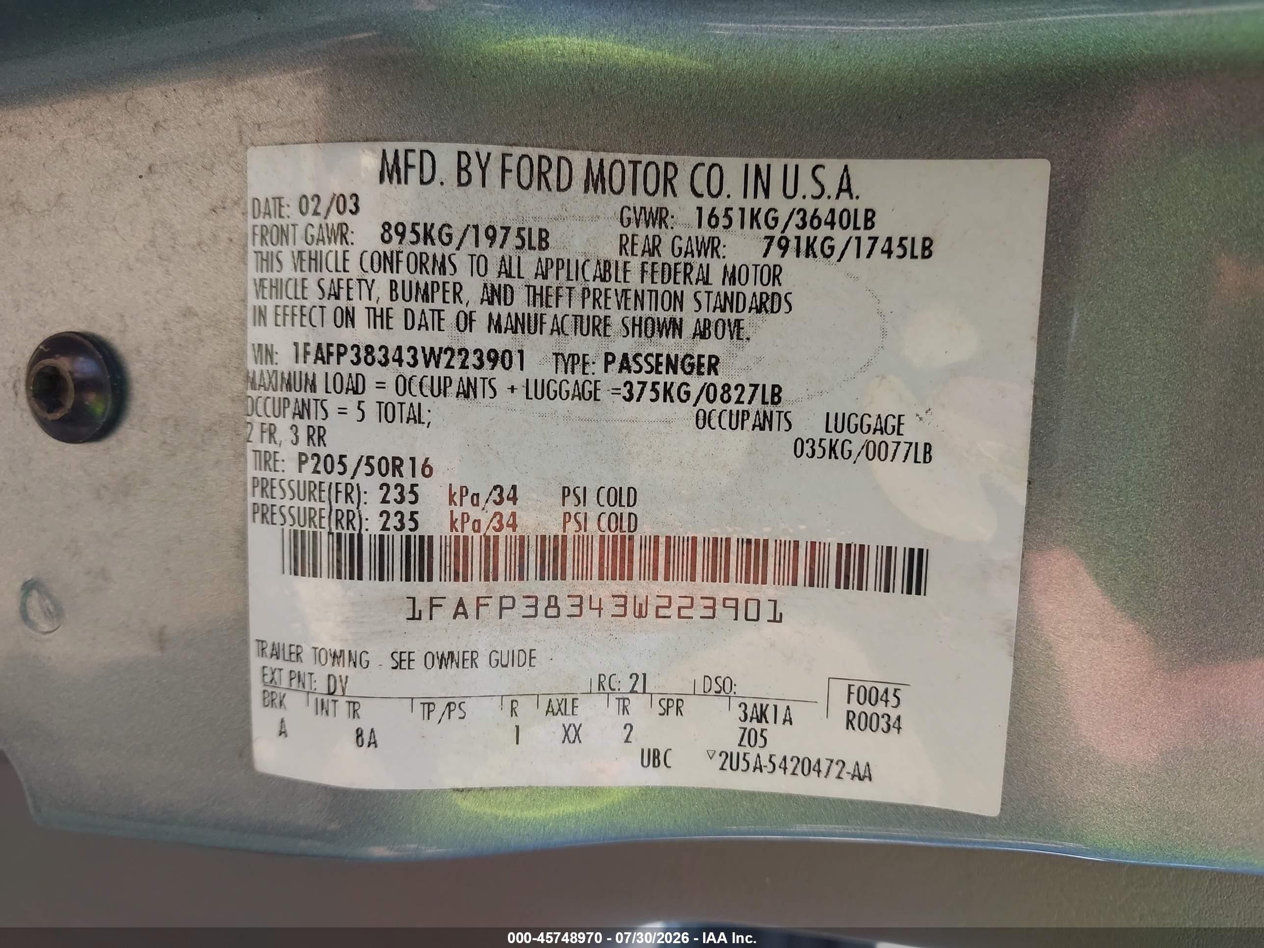 2003 Ford Focus Zts Light Blue vin: 1FAFP38343W223901