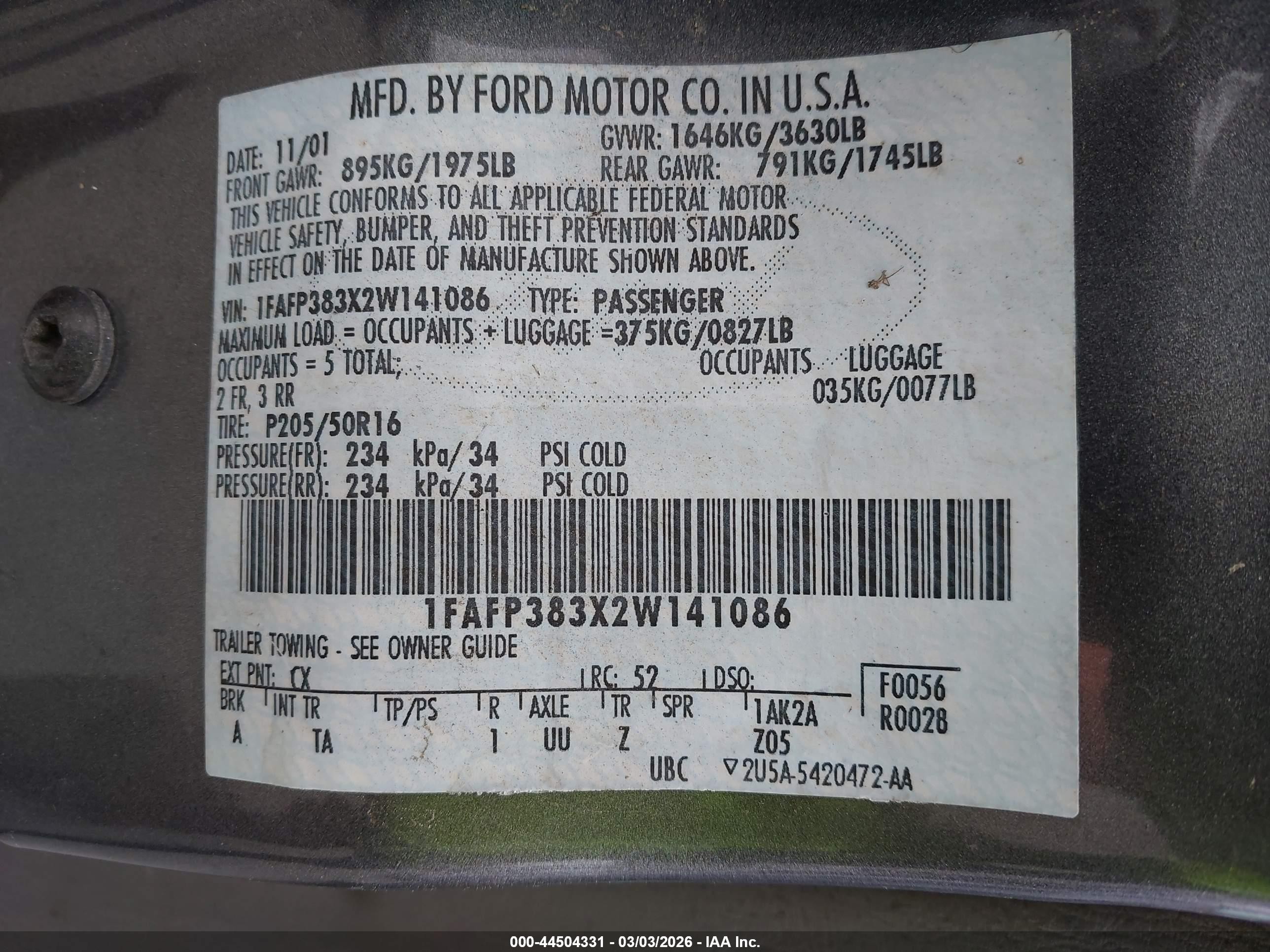 2002 Ford Focus Zts Серый vin: 1FAFP383X2W141086