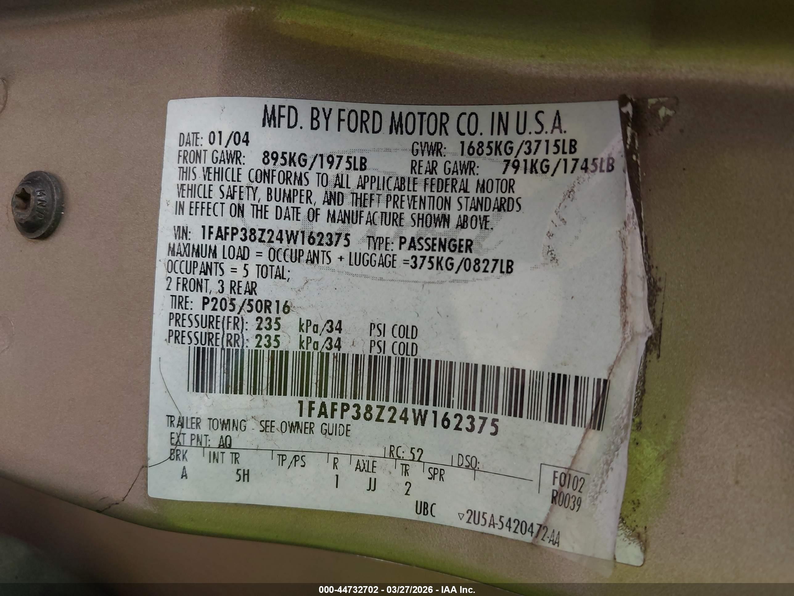 2004 Ford Focus Zts Champagne vin: 1FAFP38Z24W162375