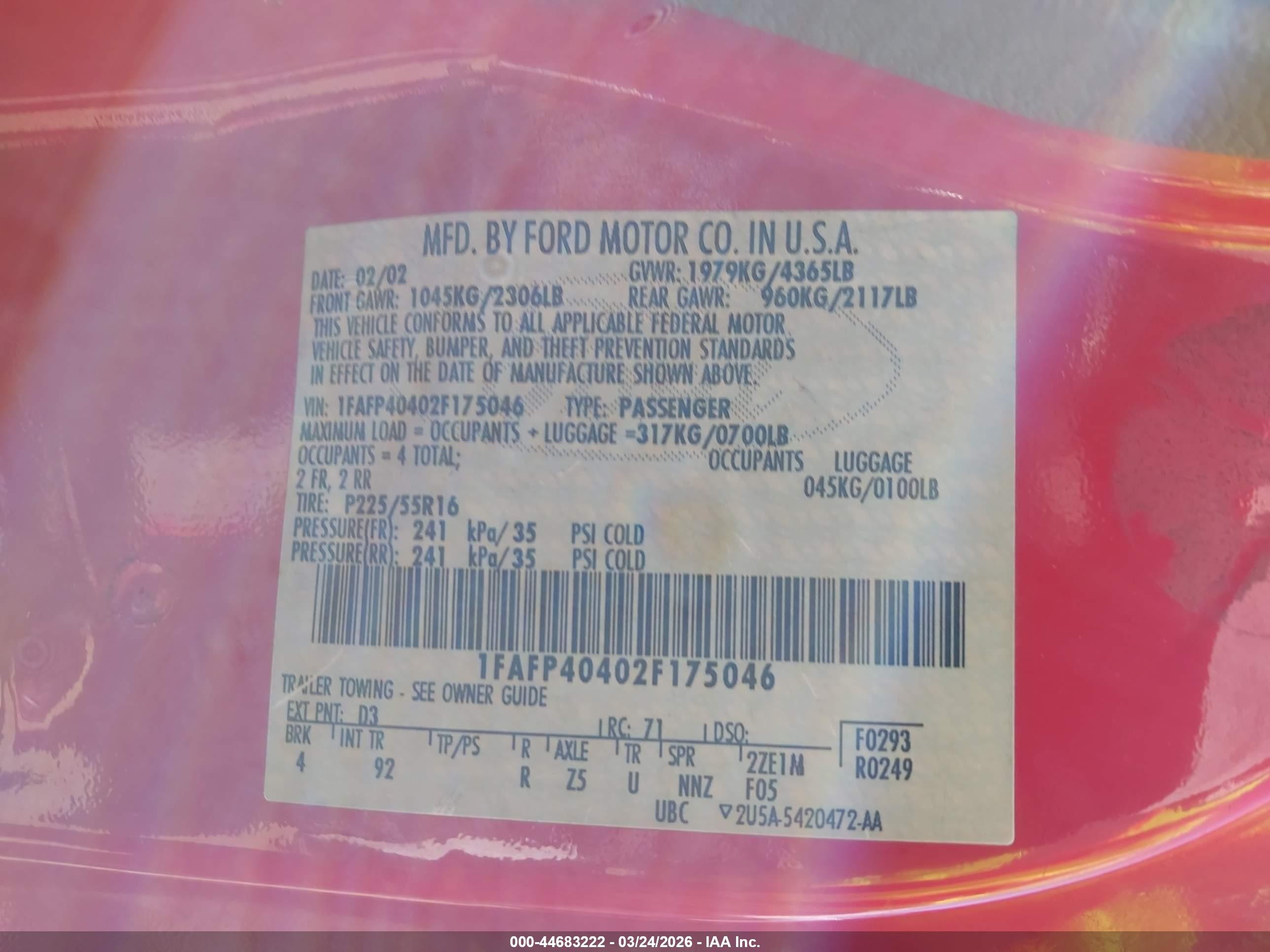 2002 Ford Mustang   Red vin: 1FAFP40402F175046