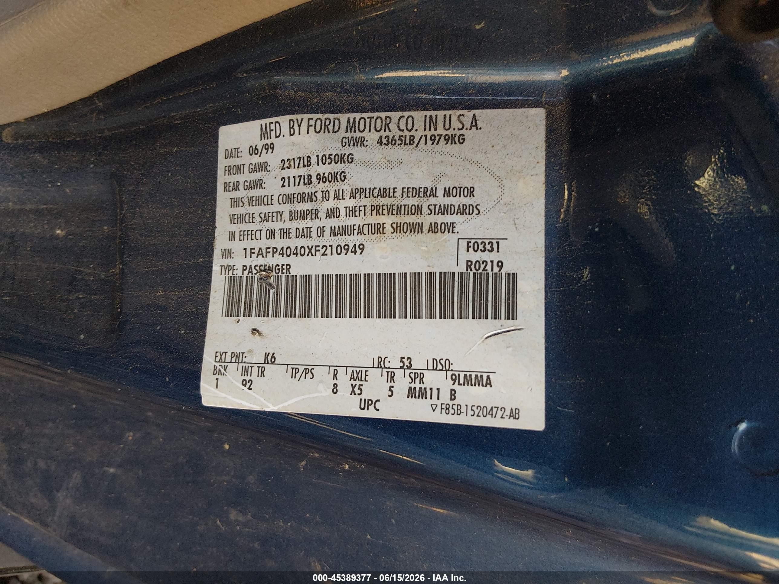 1999 Ford Mustang   Blue vin: 1FAFP4040XF210949