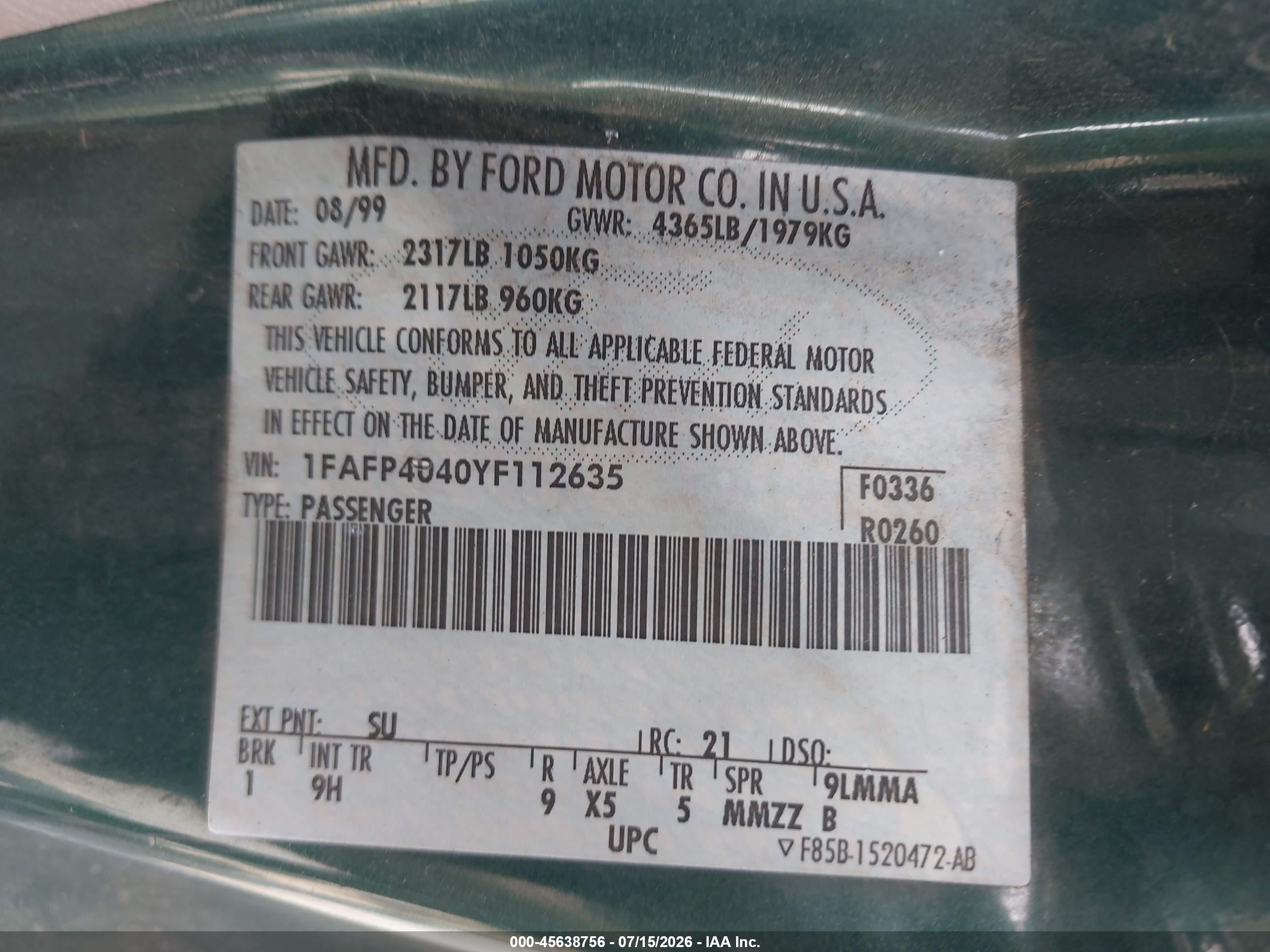 2000 Ford Mustang   Green vin: 1FAFP4040YF112635