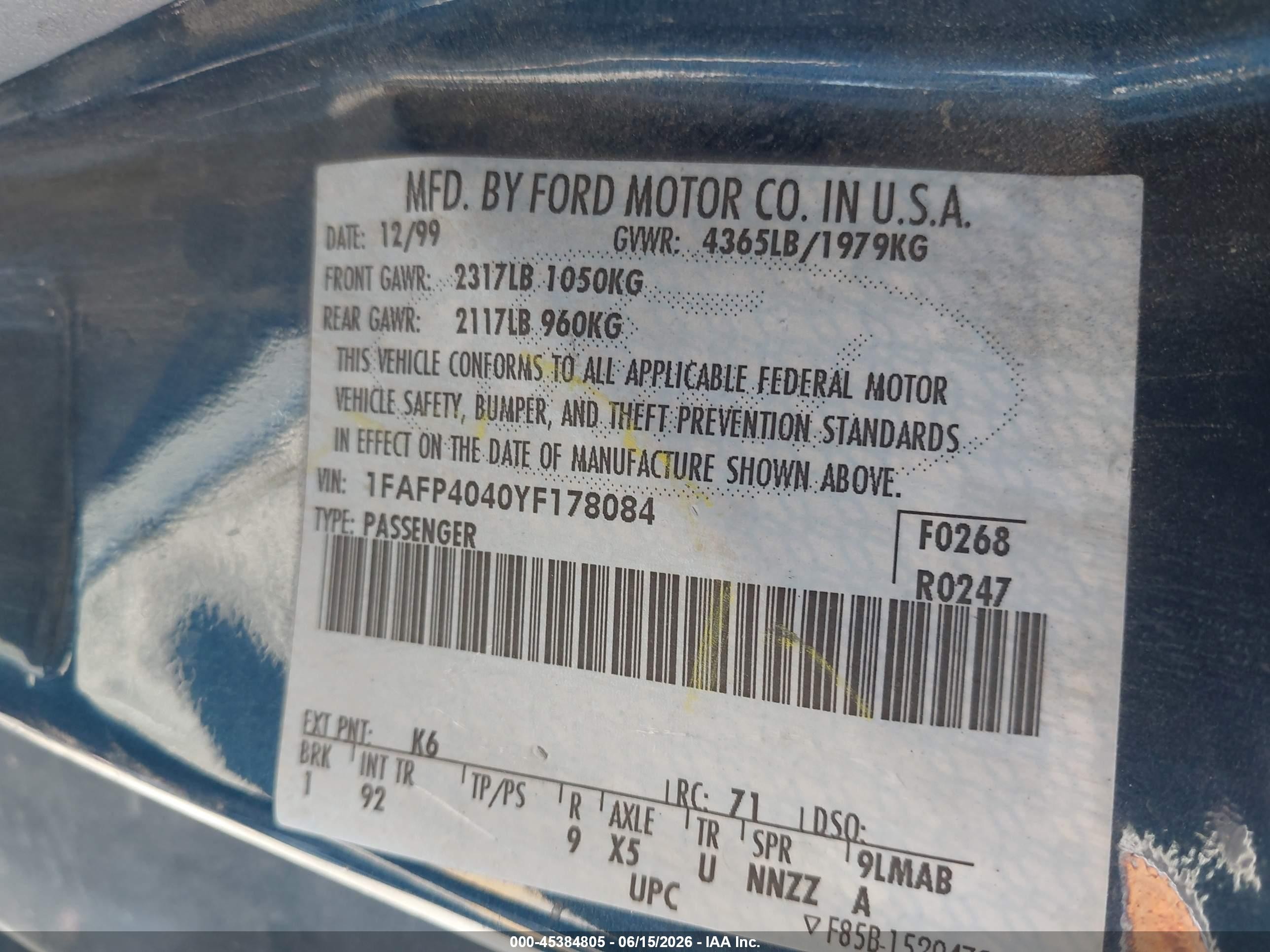 2000 Ford Mustang   Blue vin: 1FAFP4040YF178084