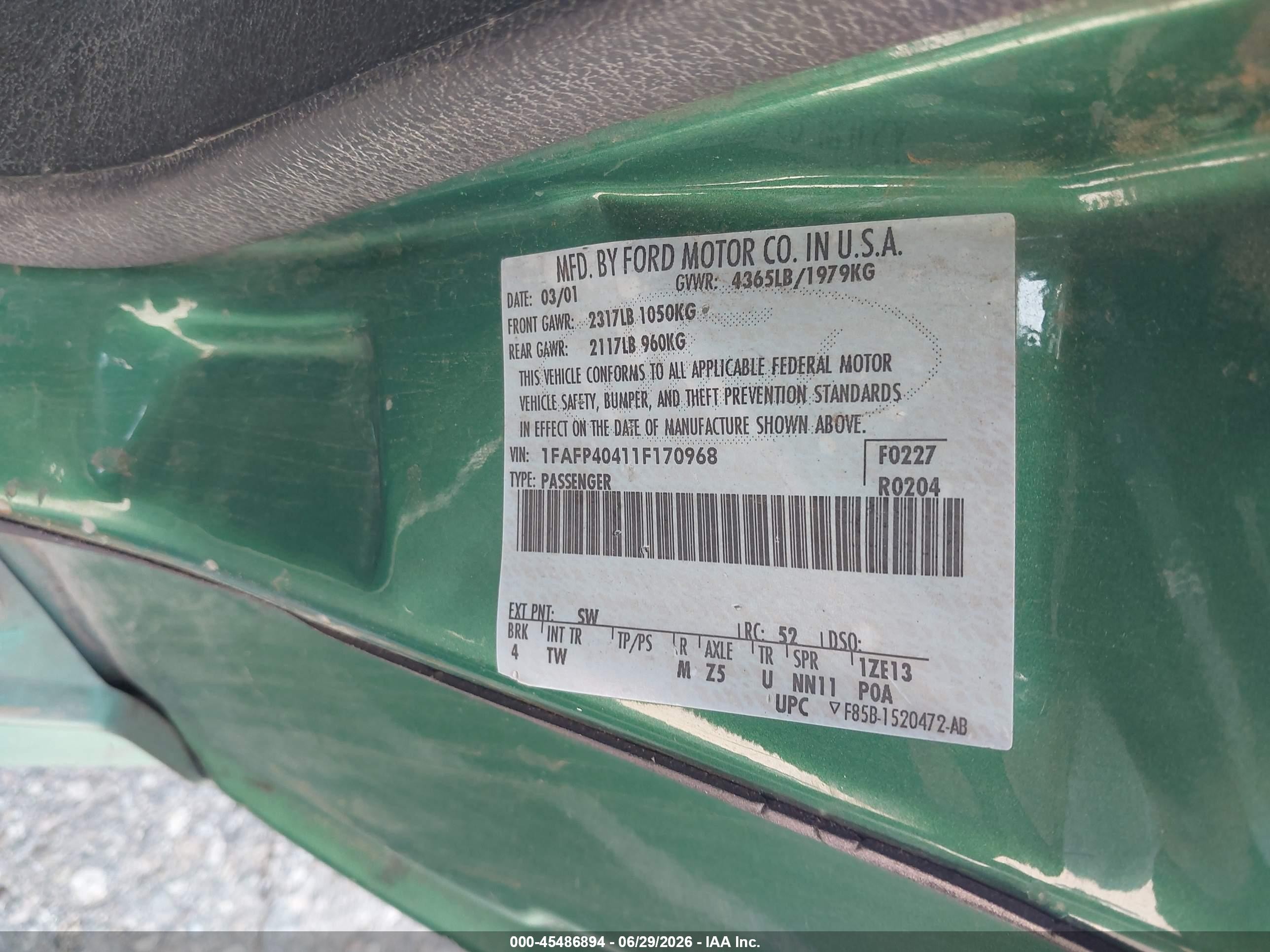2001 Ford Mustang   Green vin: 1FAFP40411F170968