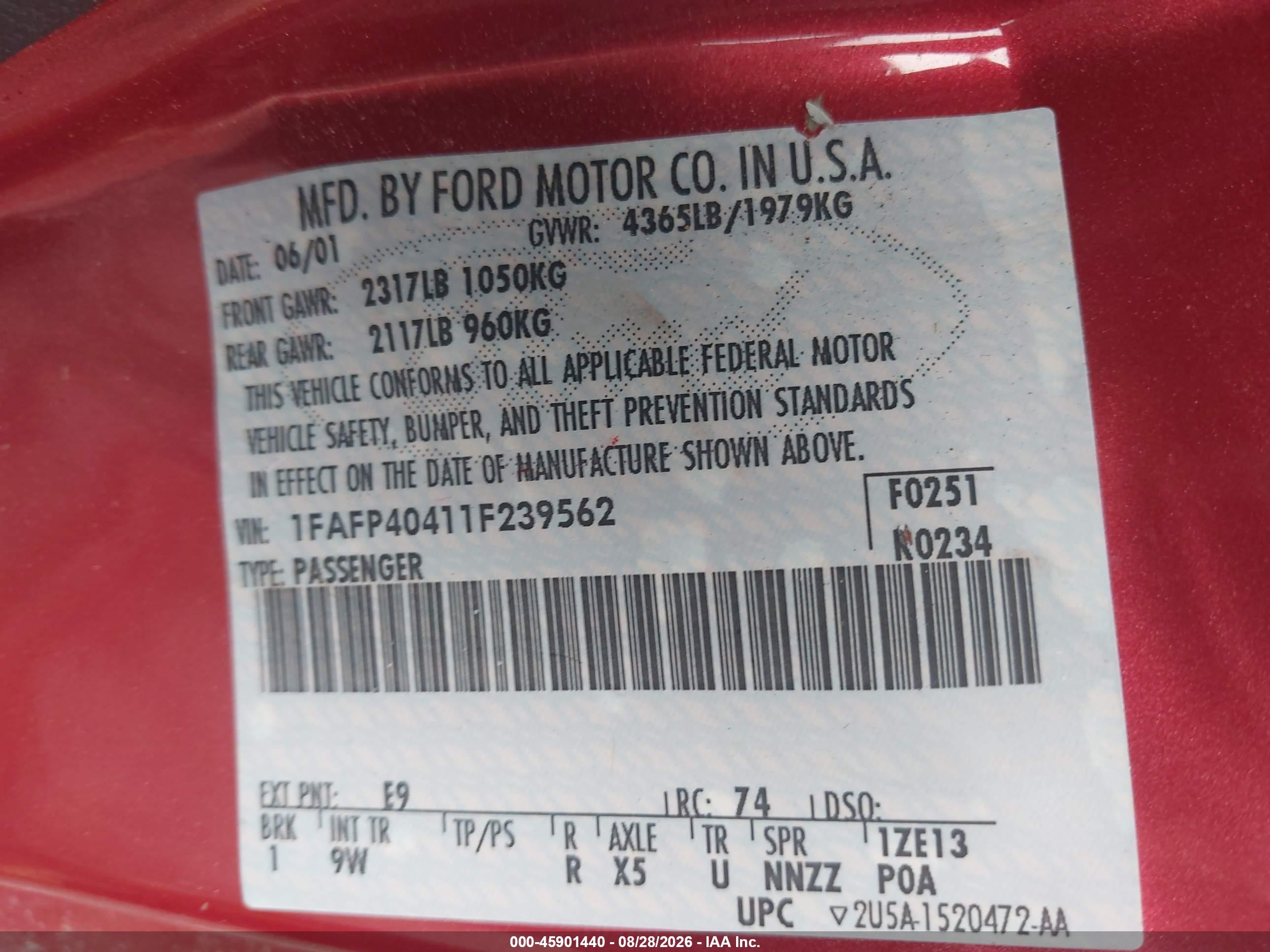 2001 Ford Mustang   Red vin: 1FAFP40411F239562