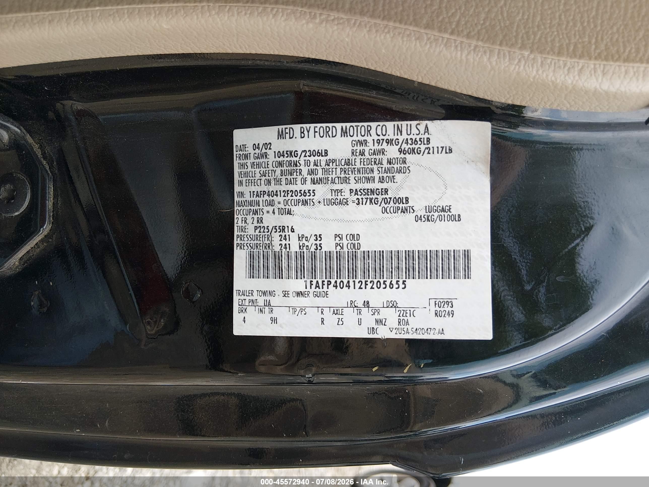 2002 Ford Mustang Deluxe/premium/standard Black vin: 1FAFP40412F205655