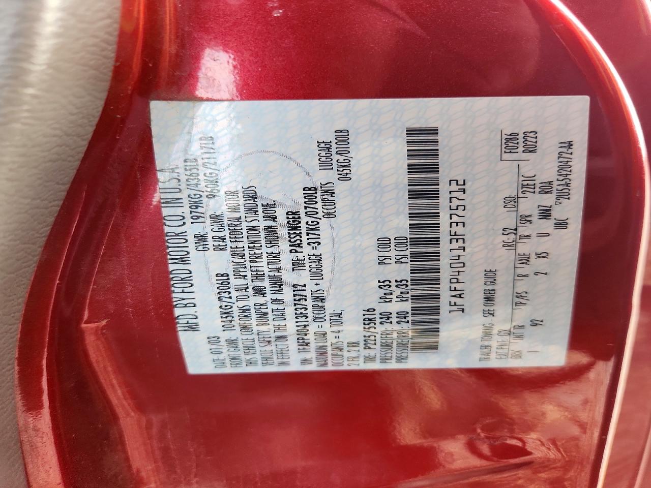 2003 Ford Mustang Red vin: 1FAFP40413F375712