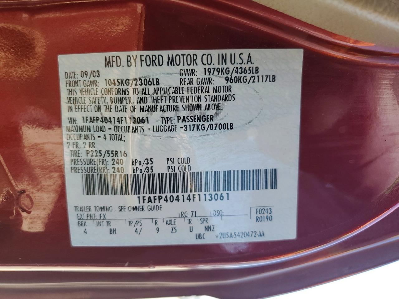 2004 Ford Mustang Burgundy vin: 1FAFP40414F113061