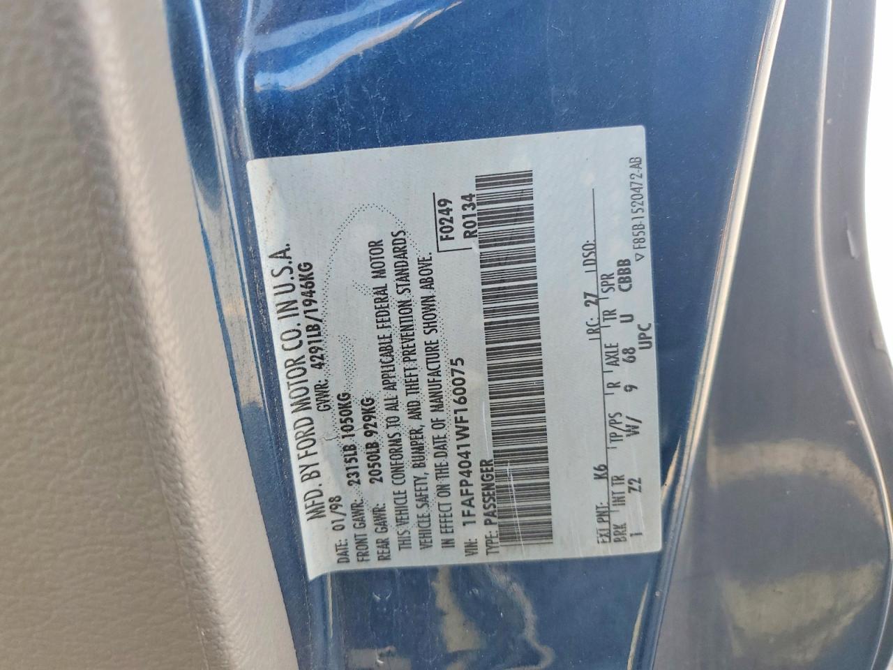 1998 Ford Mustang Blue vin: 1FAFP4041WF160075